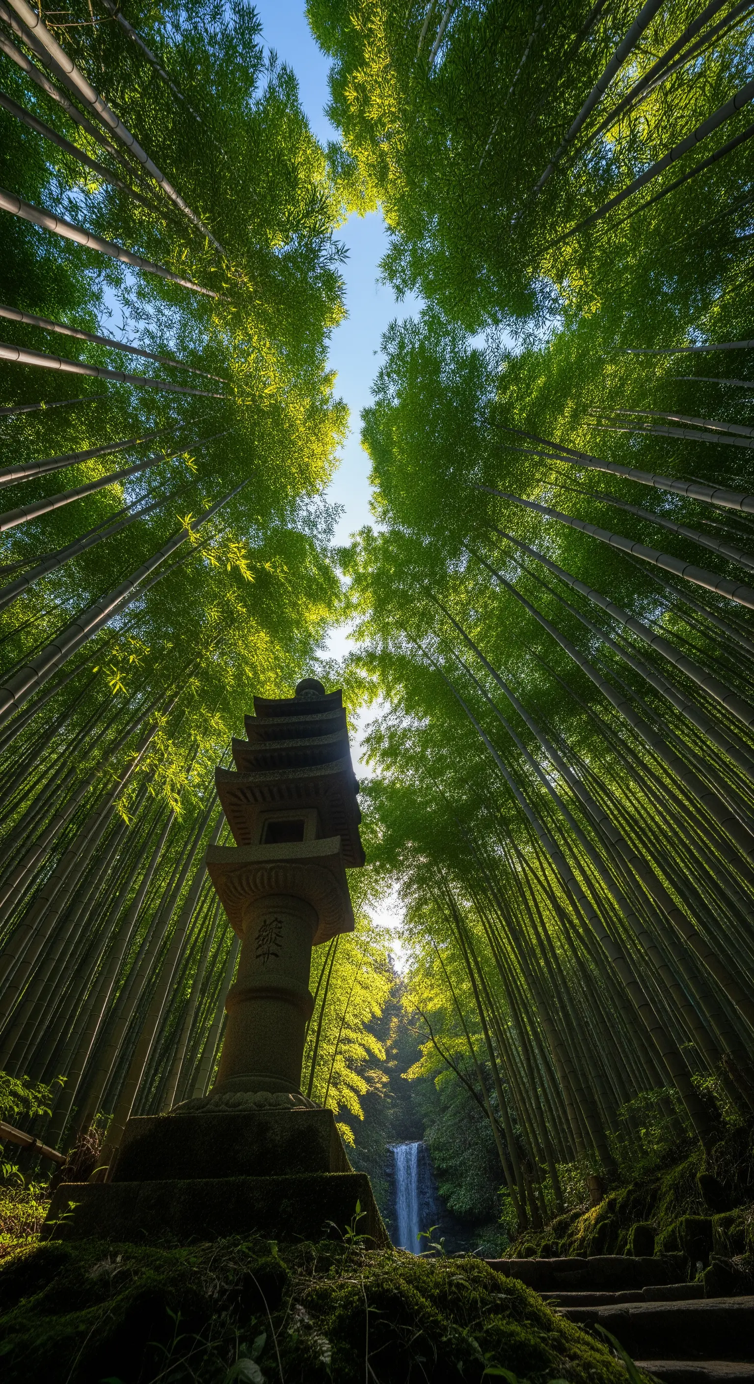 Pagoda in pietra vista dal basso, circondata da un'alta foresta di bambù.
