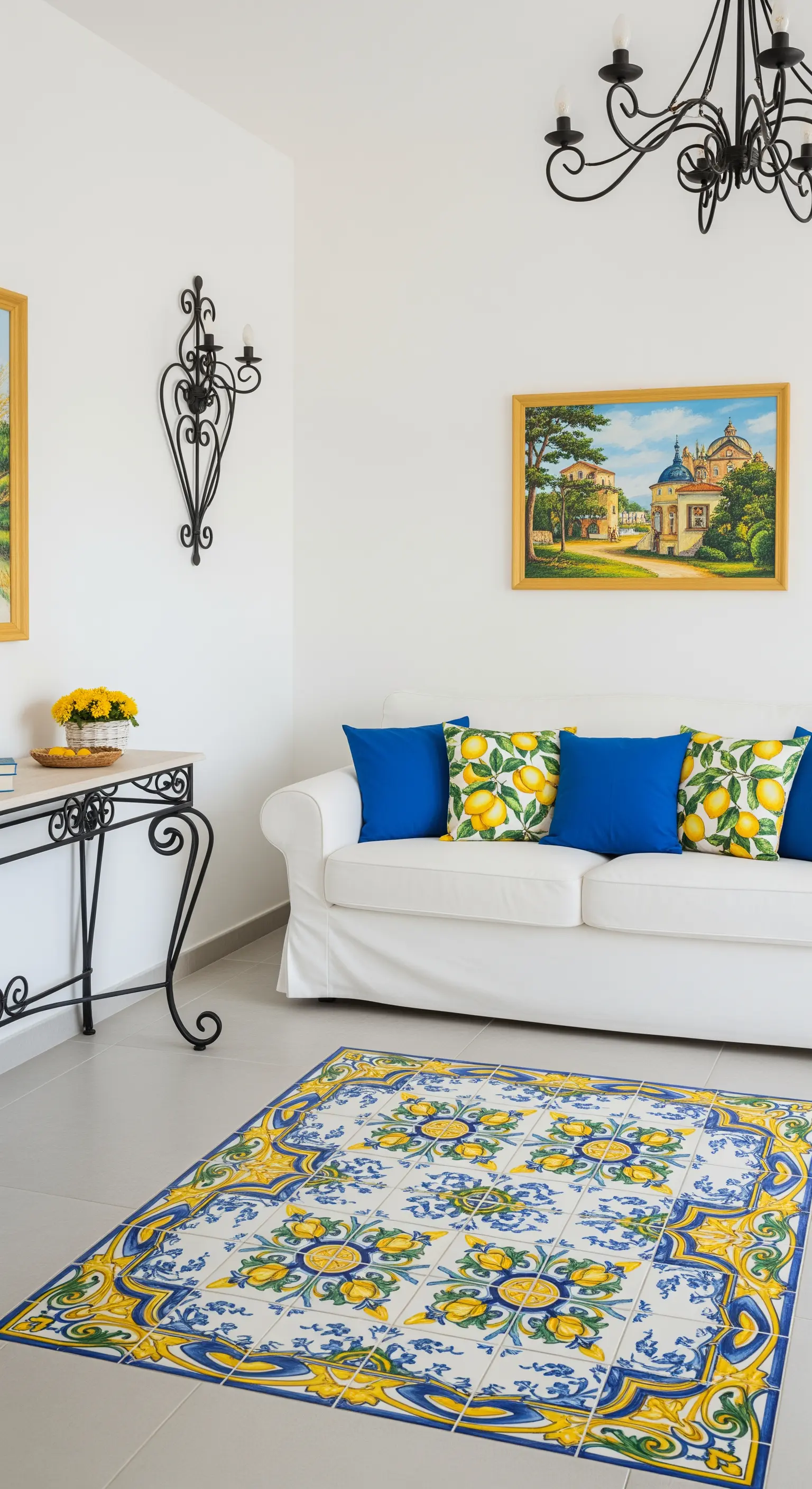 Soggiorno con un 'tappeto' centrale realizzato con piastrelle decorate con limoni e motivi blu.