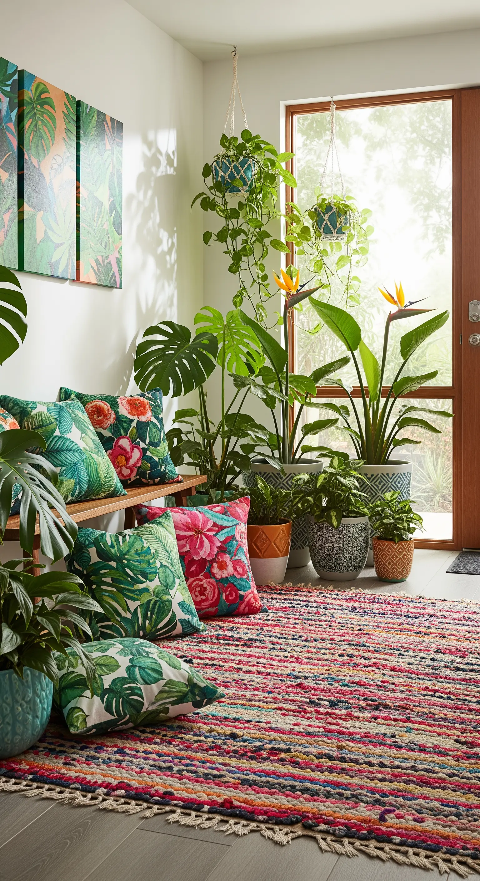Ingresso lussureggiante con molte piante tropicali, cuscini a tema foglia e un tappeto colorato.