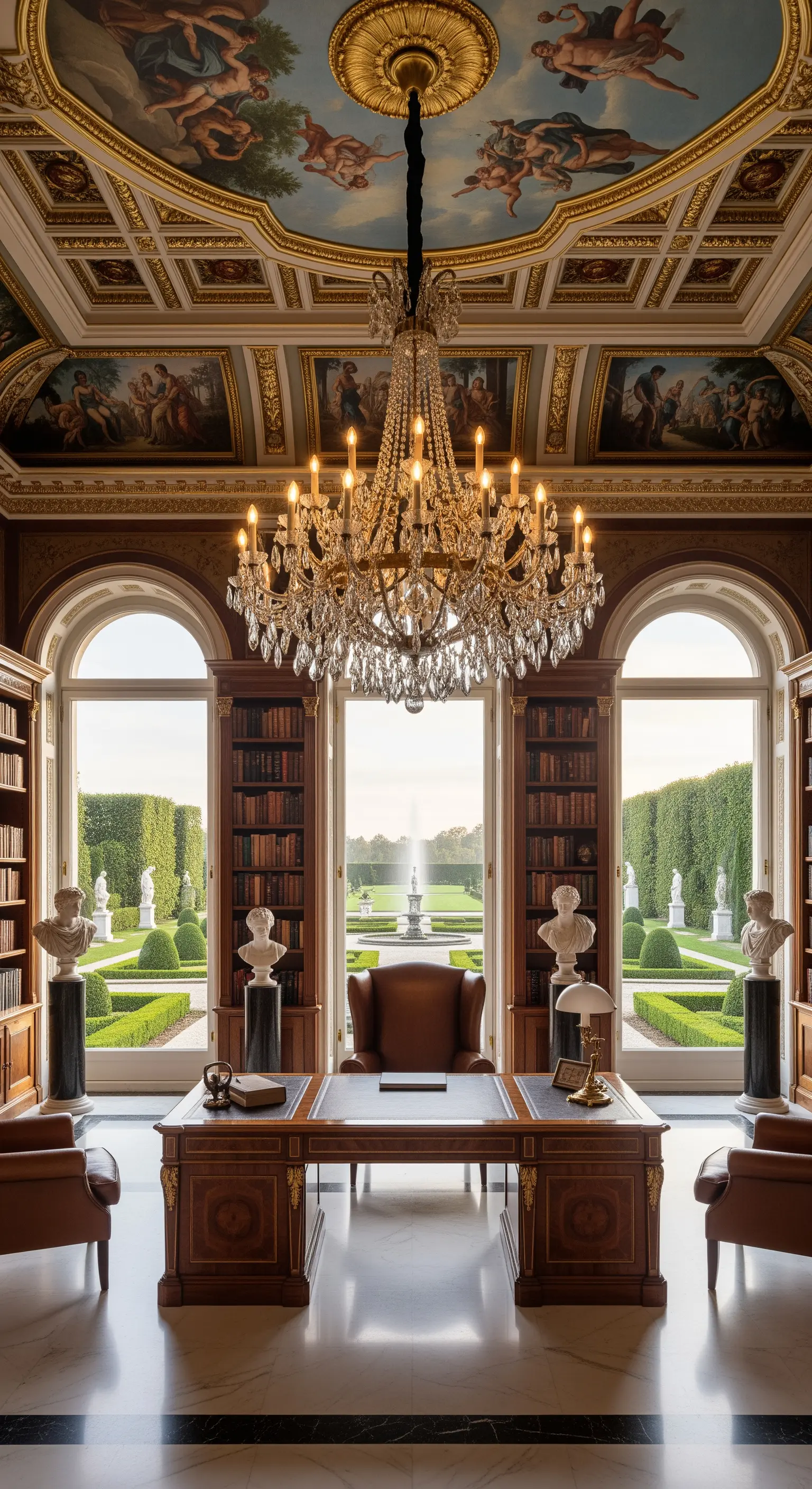 Studio sontuoso con soffitto affrescato, lampadario di cristallo e vista su giardini formali.