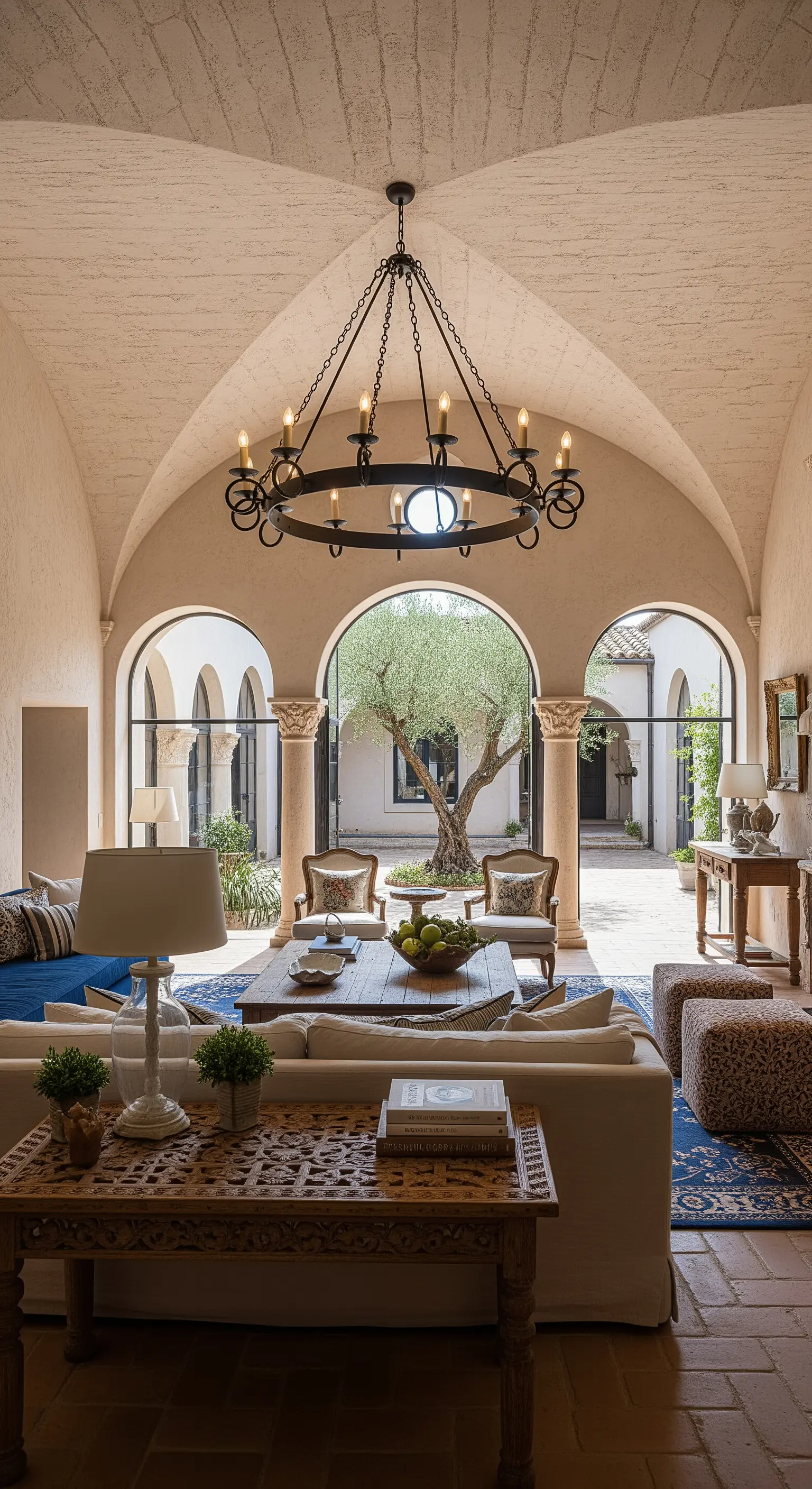 Salotto in stile mediterraneo con soffitto a volta, colonne e un lampadario in ferro battuto.