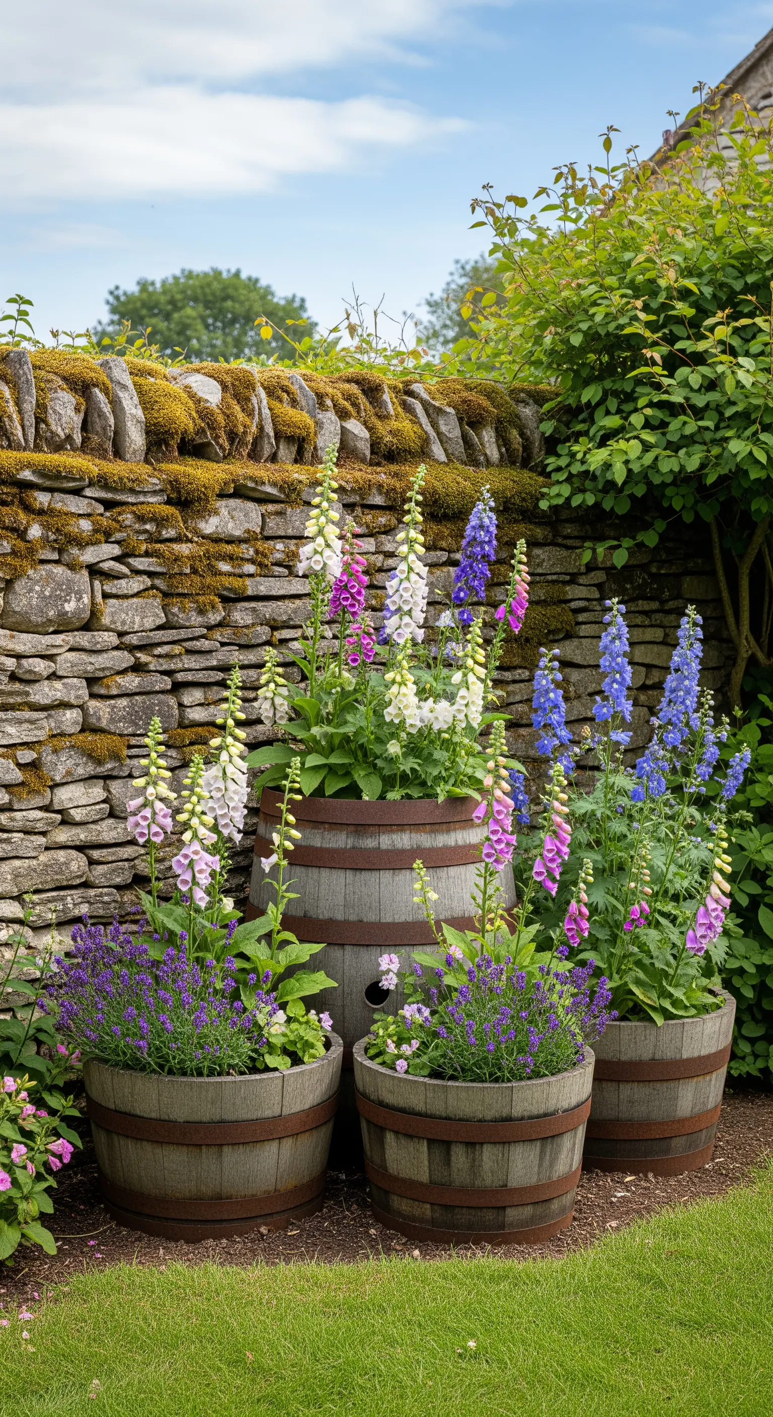 Tre botti con fiori di campo colorati, disposte a gruppo contro un muretto di pietra.