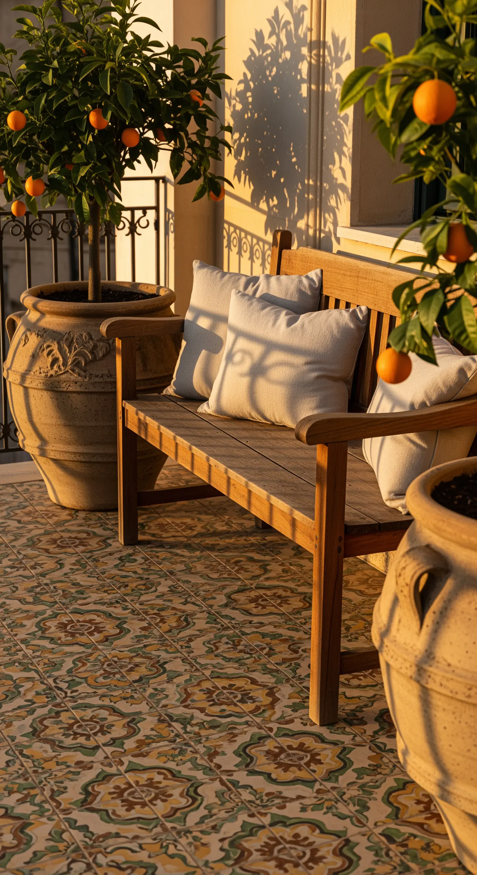 Panca in legno con cuscini chiari su una terrazza con maioliche e vasi di aranci al tramonto