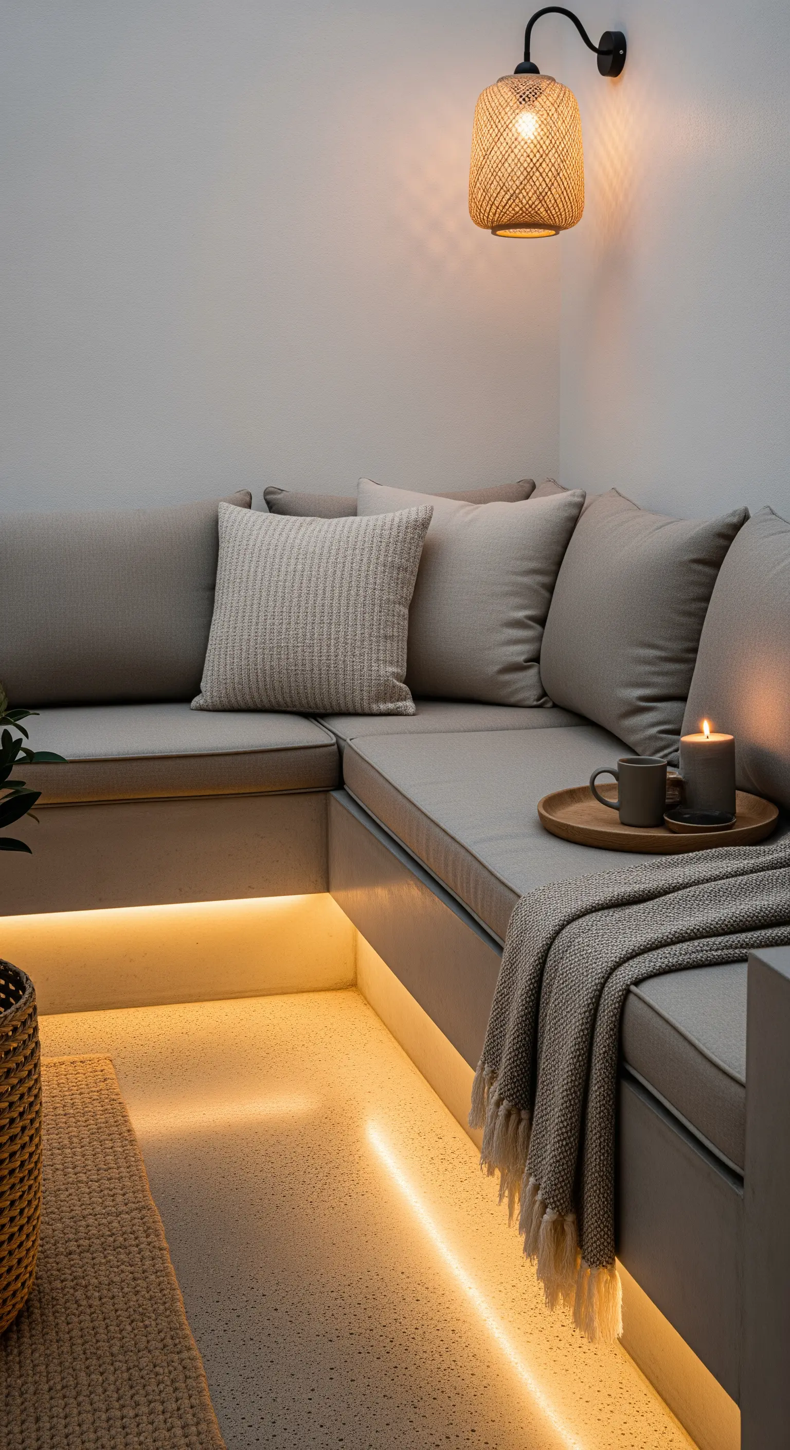 Angolo relax con seduta in muratura, cuscini, coperta e illuminazione a LED calda.