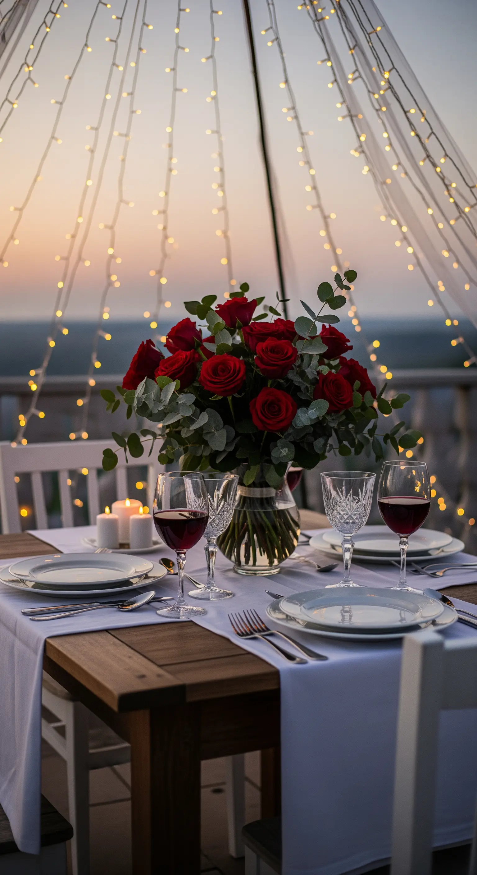 Tavola romantica al tramonto con cascata di luci calde e rose rosse.