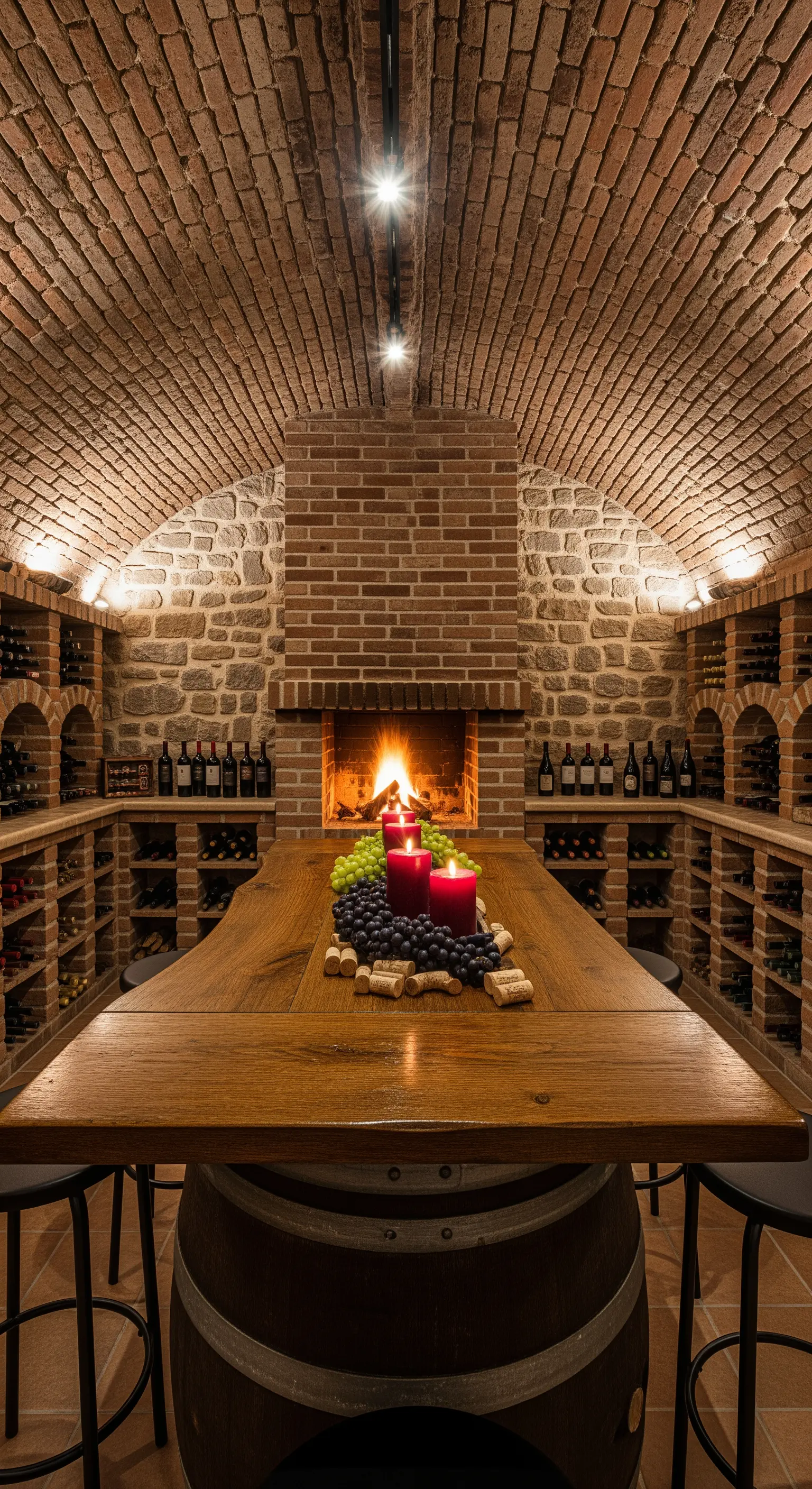 Cantina con pareti a volta in mattoni, camino e un tavolo per degustazioni sopra una botte.