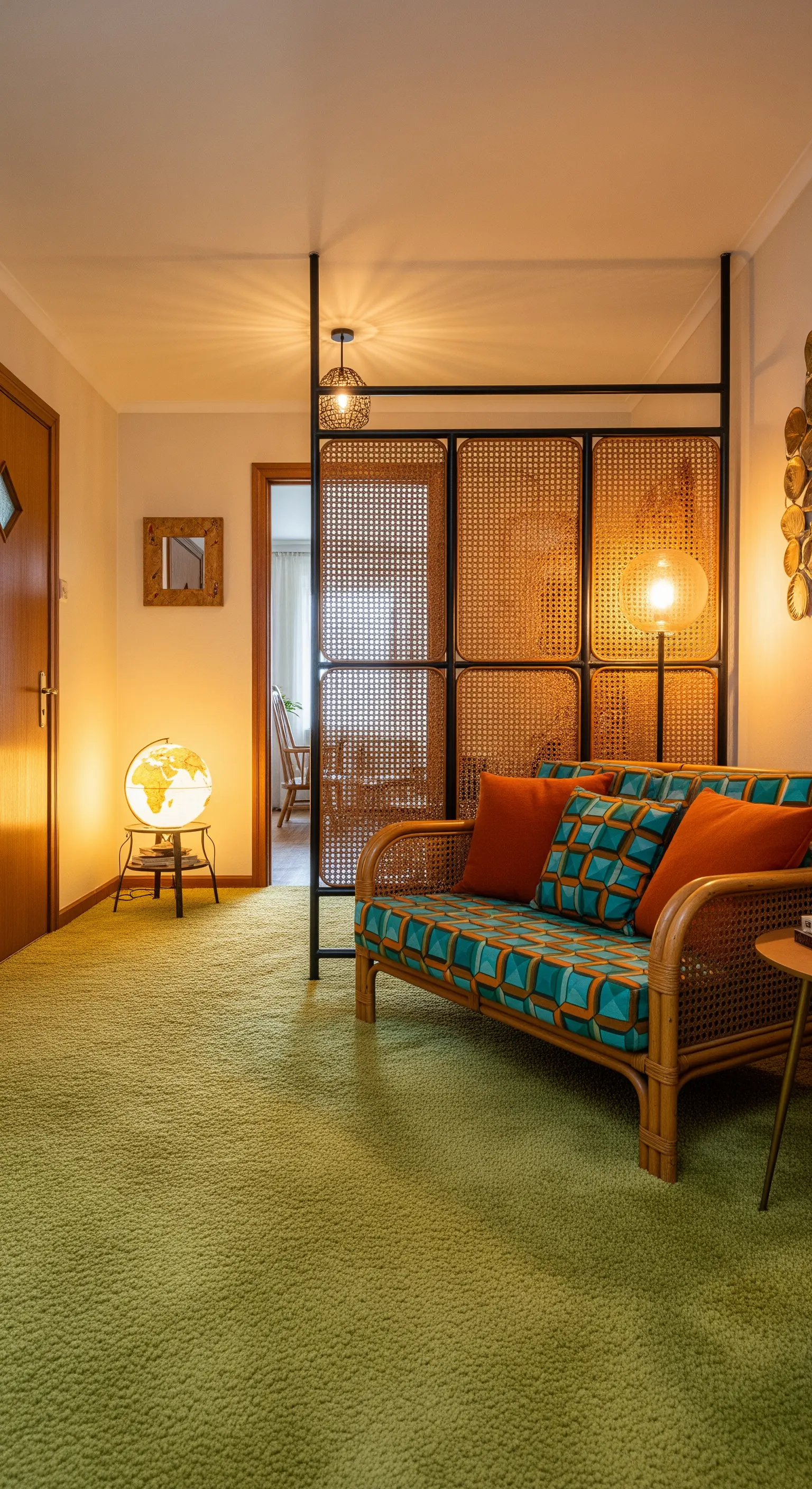 Divanetto in rattan con cuscini geometrici accanto a un divisorio con inserti in paglia di Vienna.