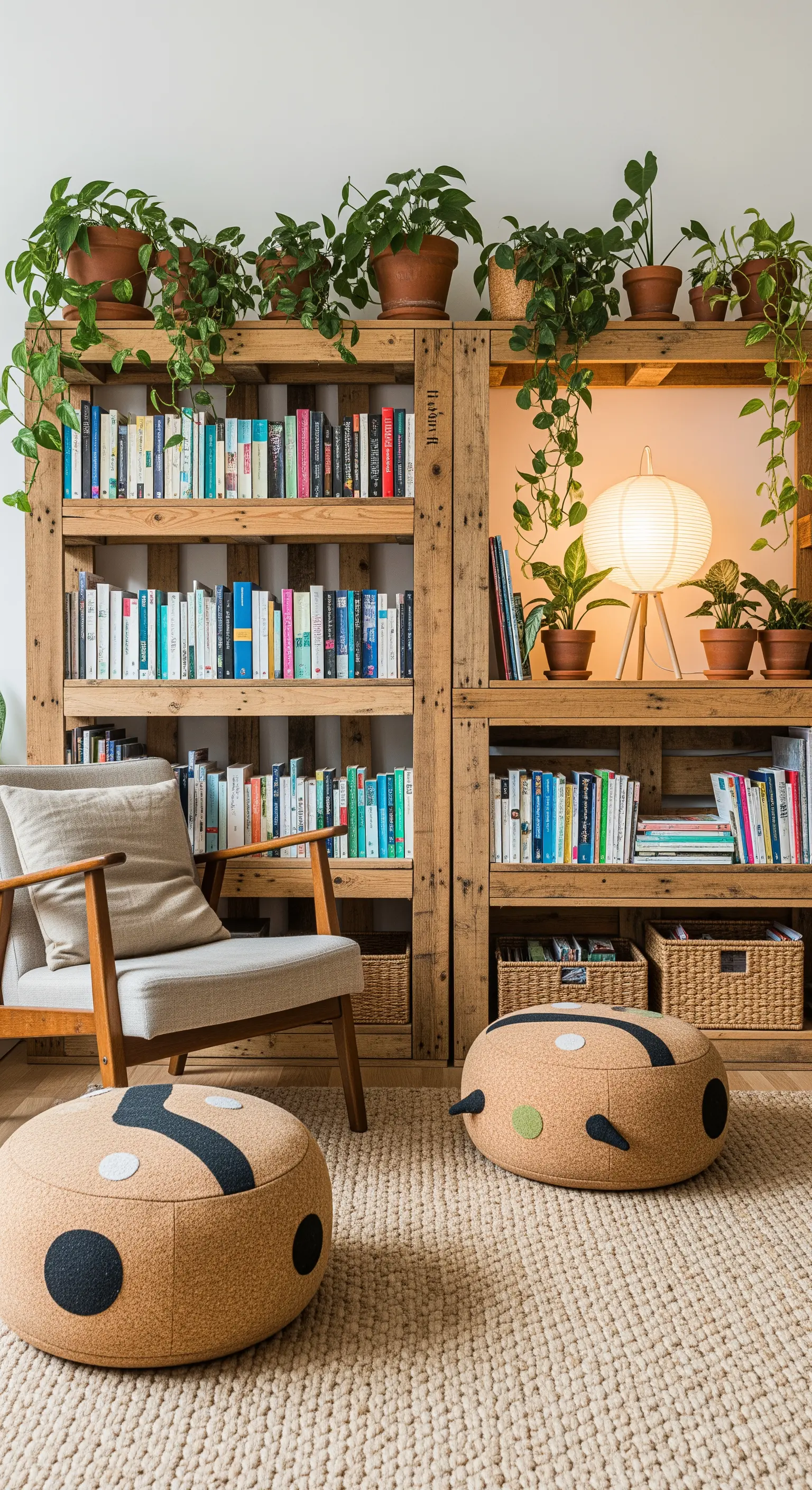 Libreria realizzata con pallet di legno, decorata con piante e abbinata a pouf in sughero.