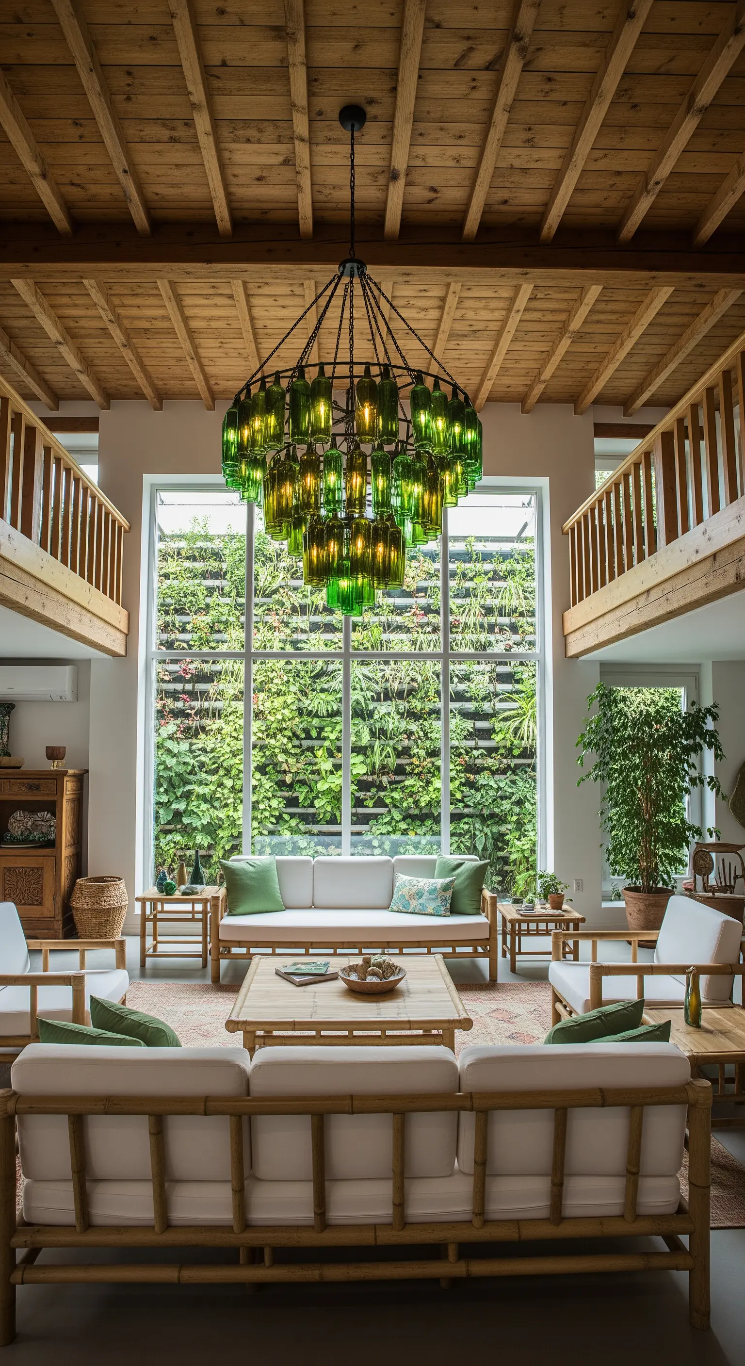 Soggiorno eco-friendly con parete vegetale e un lampadario fatto con bottiglie di vetro verdi.