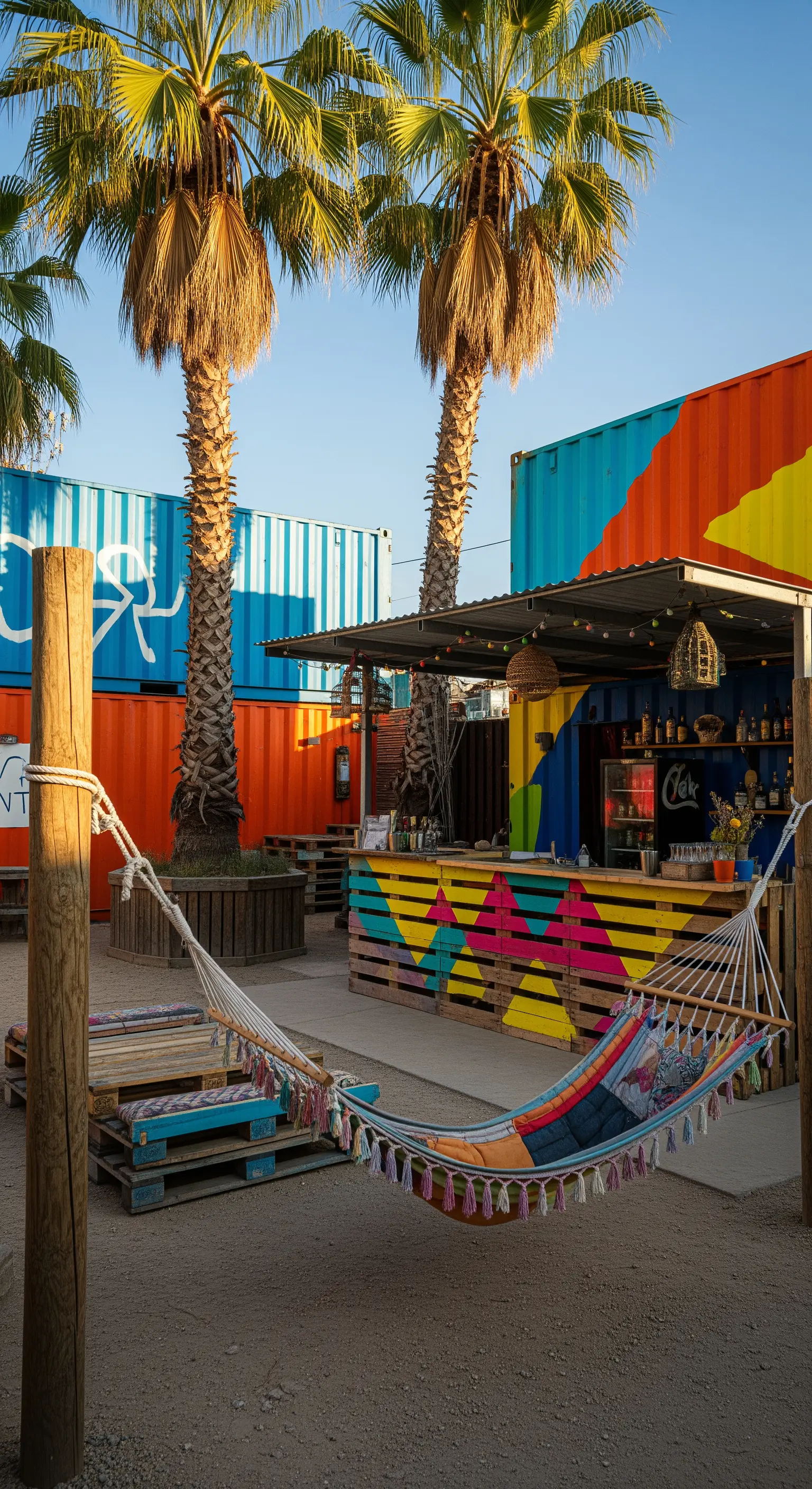 Spazio esterno con bar colorato, arredi in pallet e un'amaca di fronte a container.