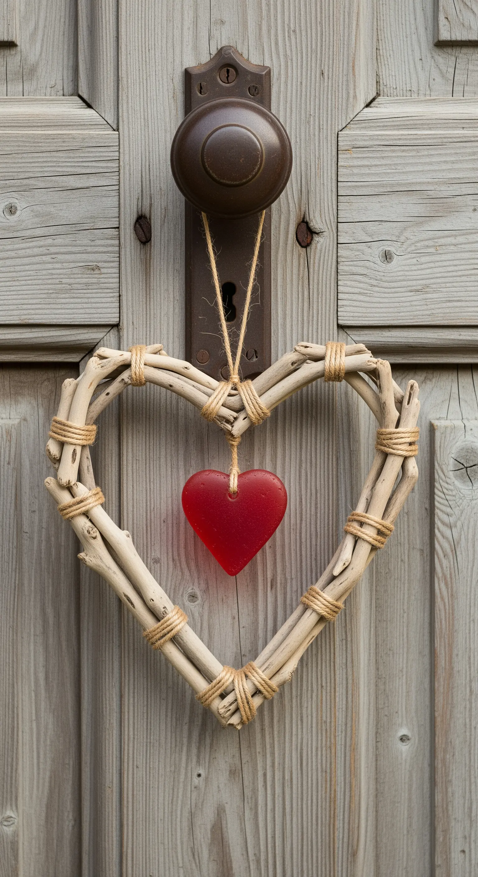 Cuore decorativo fatto di legnetti di mare legati con spago, con un cuore di vetro rosso.