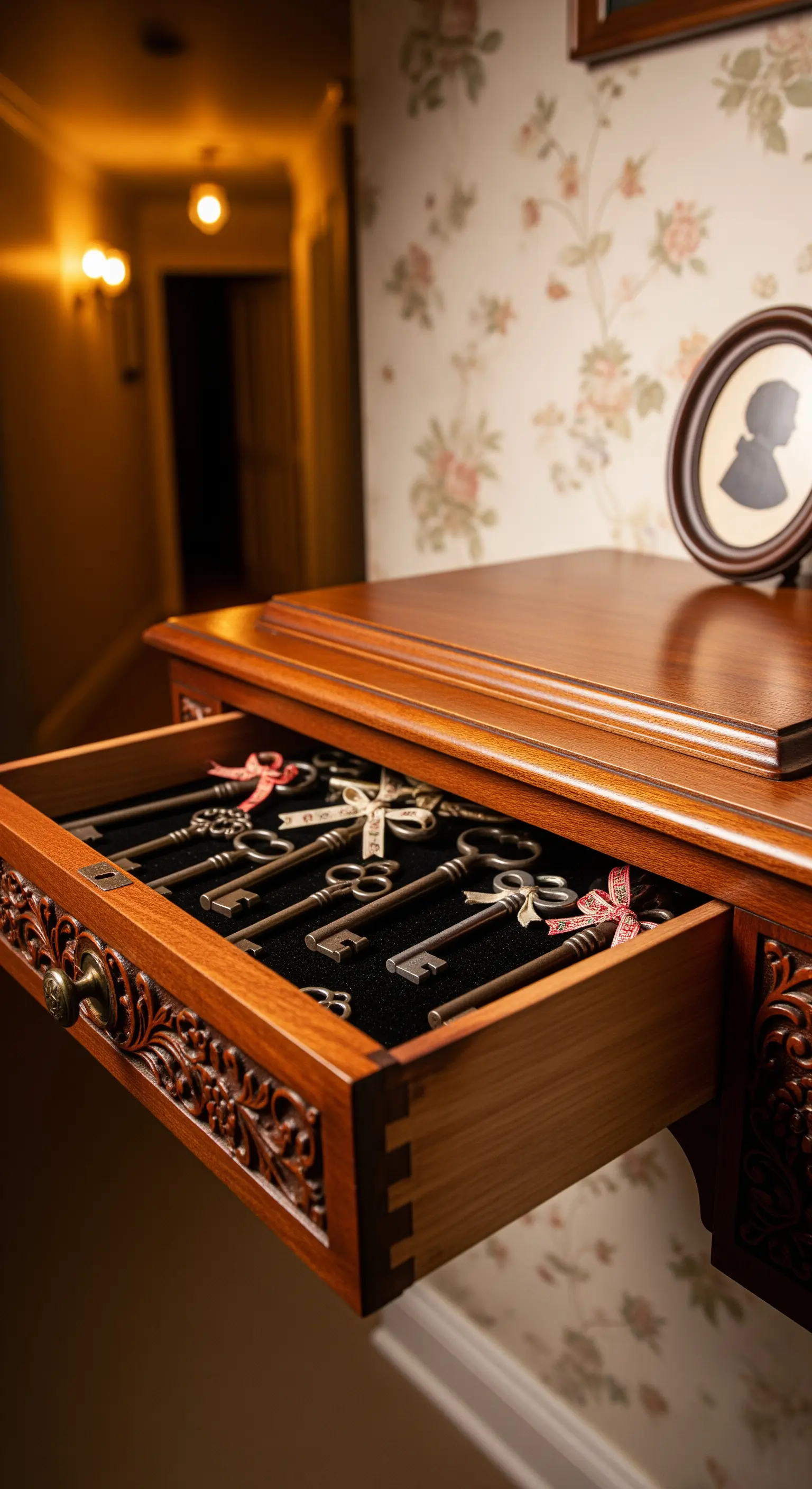 Cassetto intagliato in legno scuro, aperto, con all'interno una collezione di chiavi antiche.