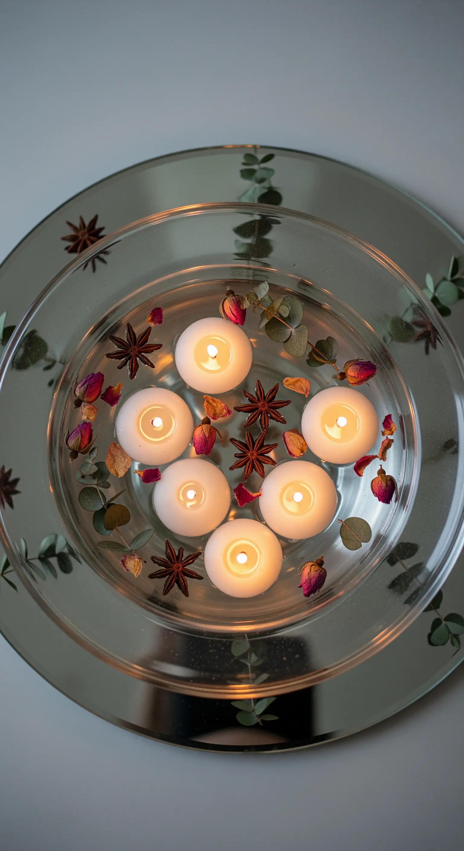 Centrotavola con candele galleggianti, petali di rosa e anice stellato in una ciotola d'acqua.
