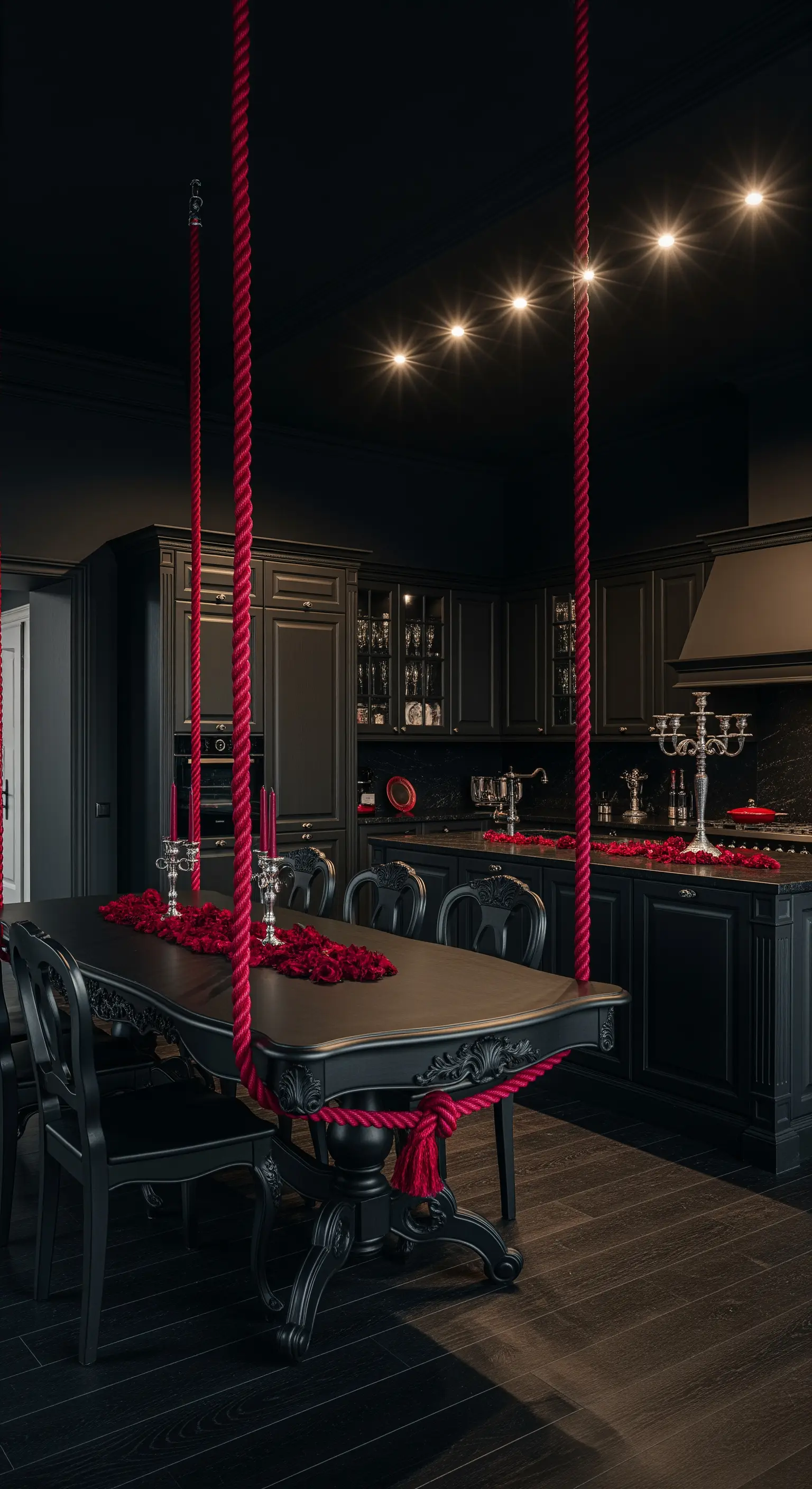 Tavolo nero in stile gotico sospeso con corde rosse spesse in una cucina dark.