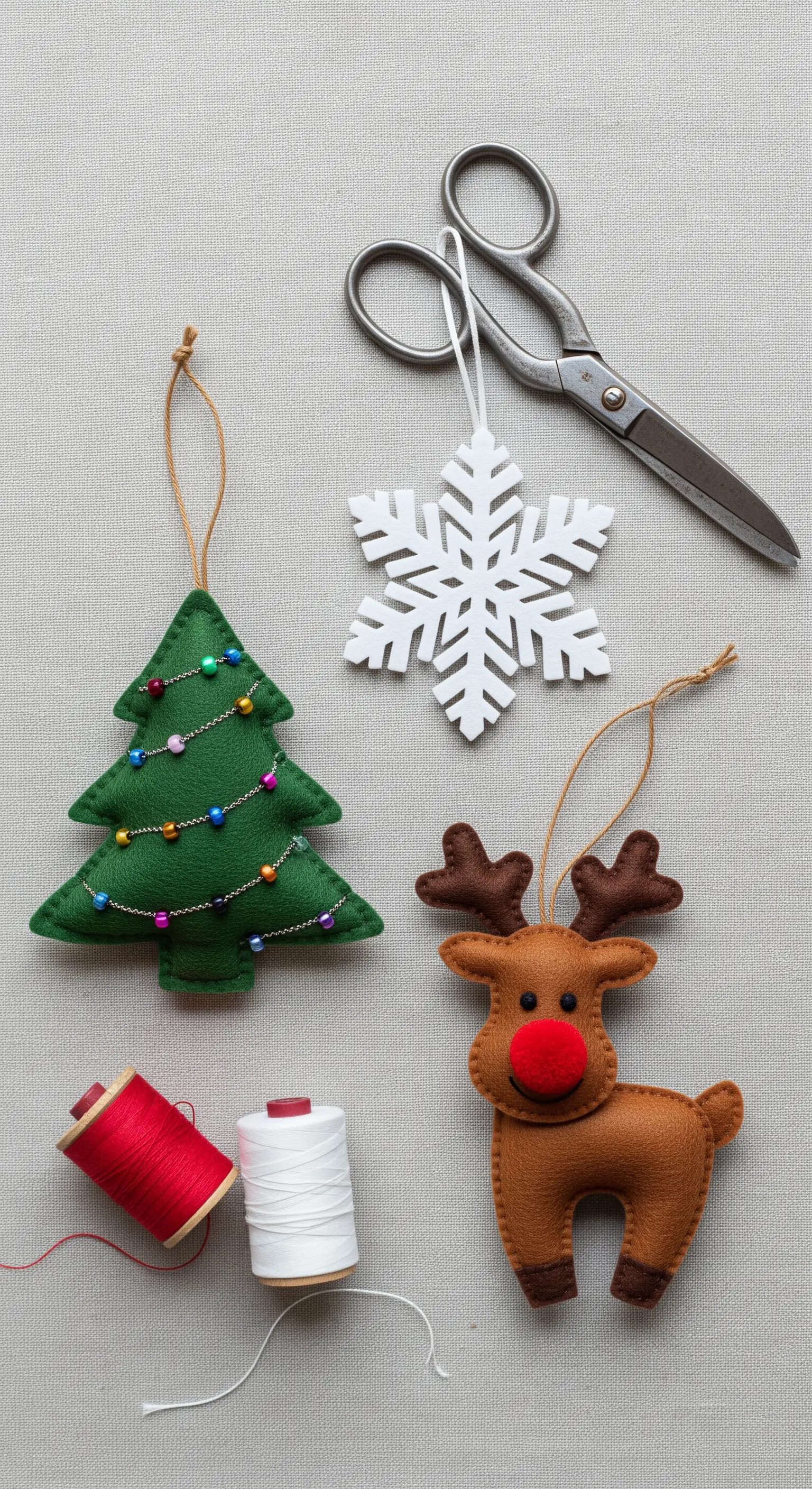 Decorazioni natalizie in feltro fatte a mano: albero, fiocco di neve e renna.