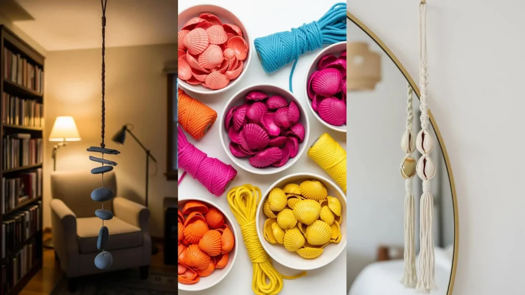 Decorazioni sospese fai da te con conchiglie colorate, legni e corde. Mostra un ornamento di pietre e un macramè.