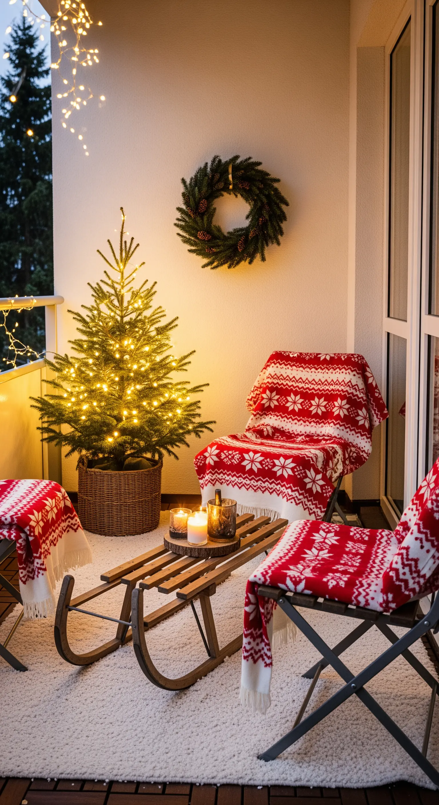 Balcone decorato per Natale con un piccolo albero, una slitta e coperte rosse a tema.