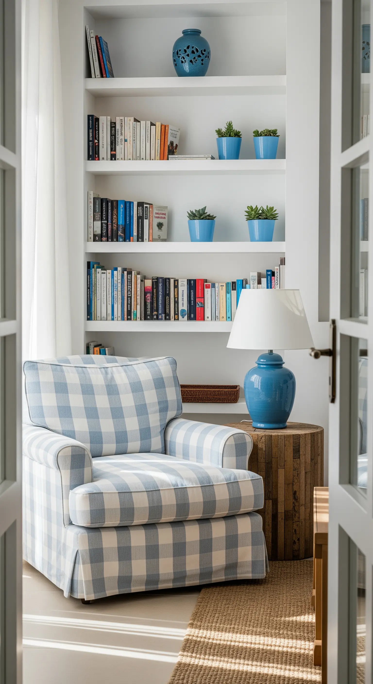 Angolo lettura con poltrona a quadri azzurri, lampada blu e libreria a muro.