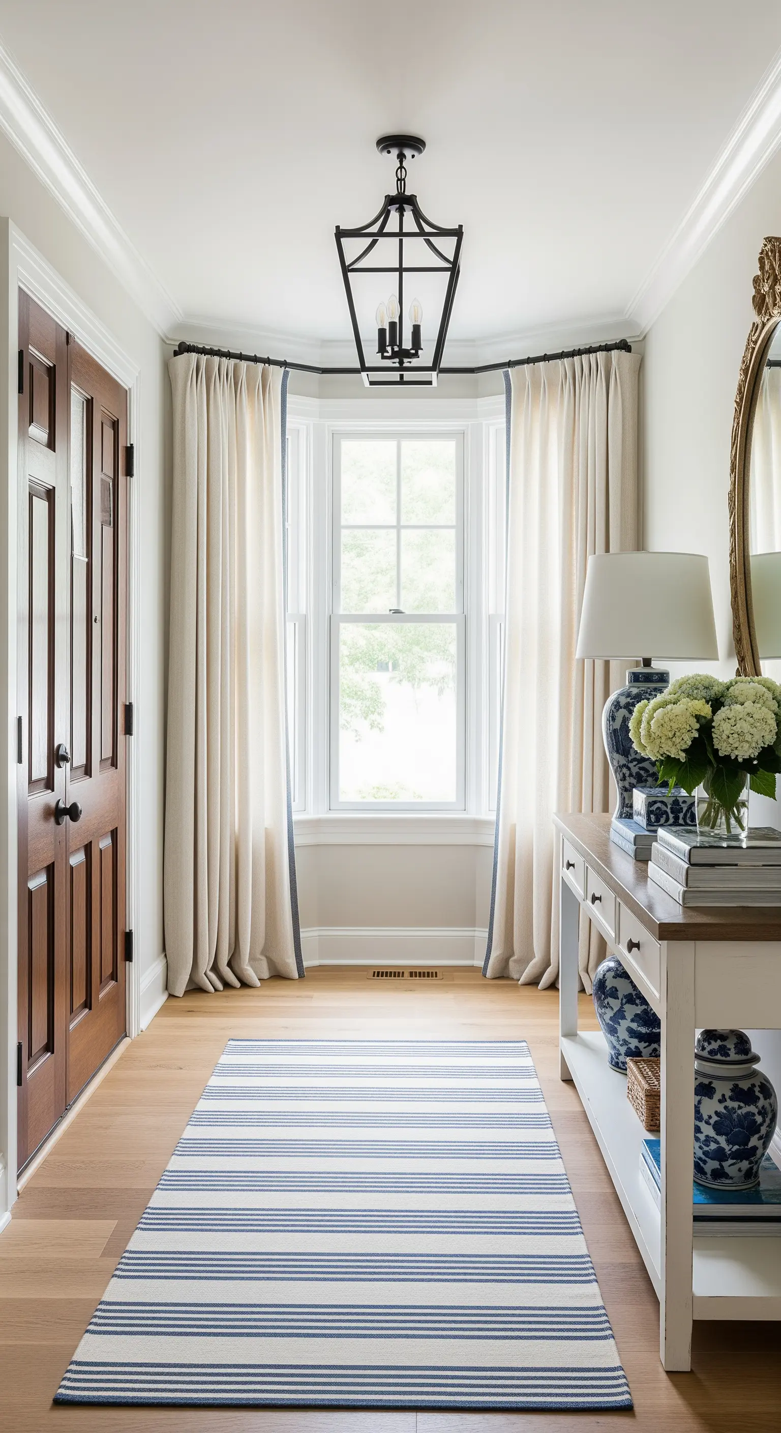 Ingresso con bay window incorniciata da tende color crema con un bordo blu e tappeto a righe.