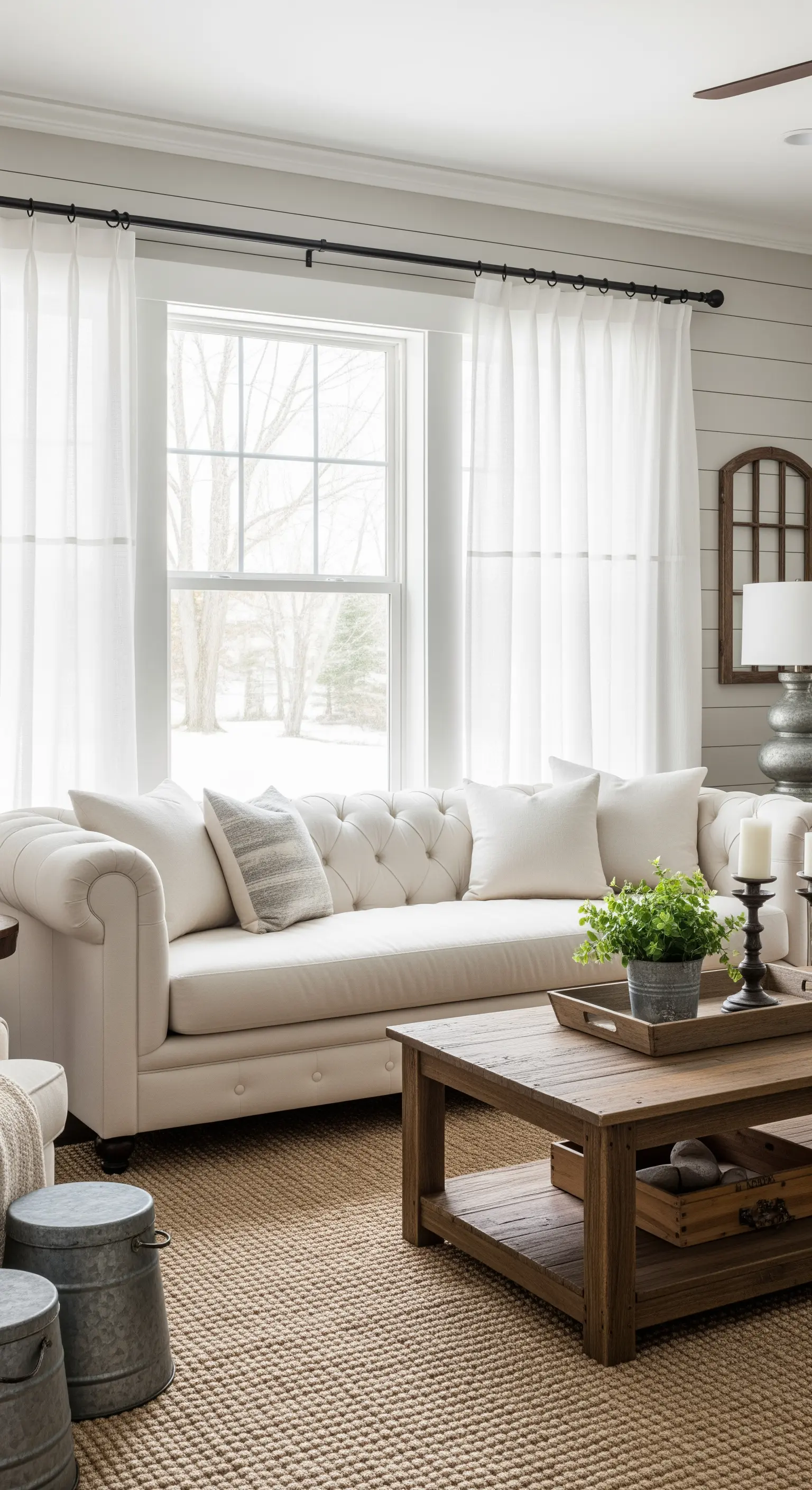 Divano chesterfield bianco con tende leggere su bastone nero in un soggiorno moderno.