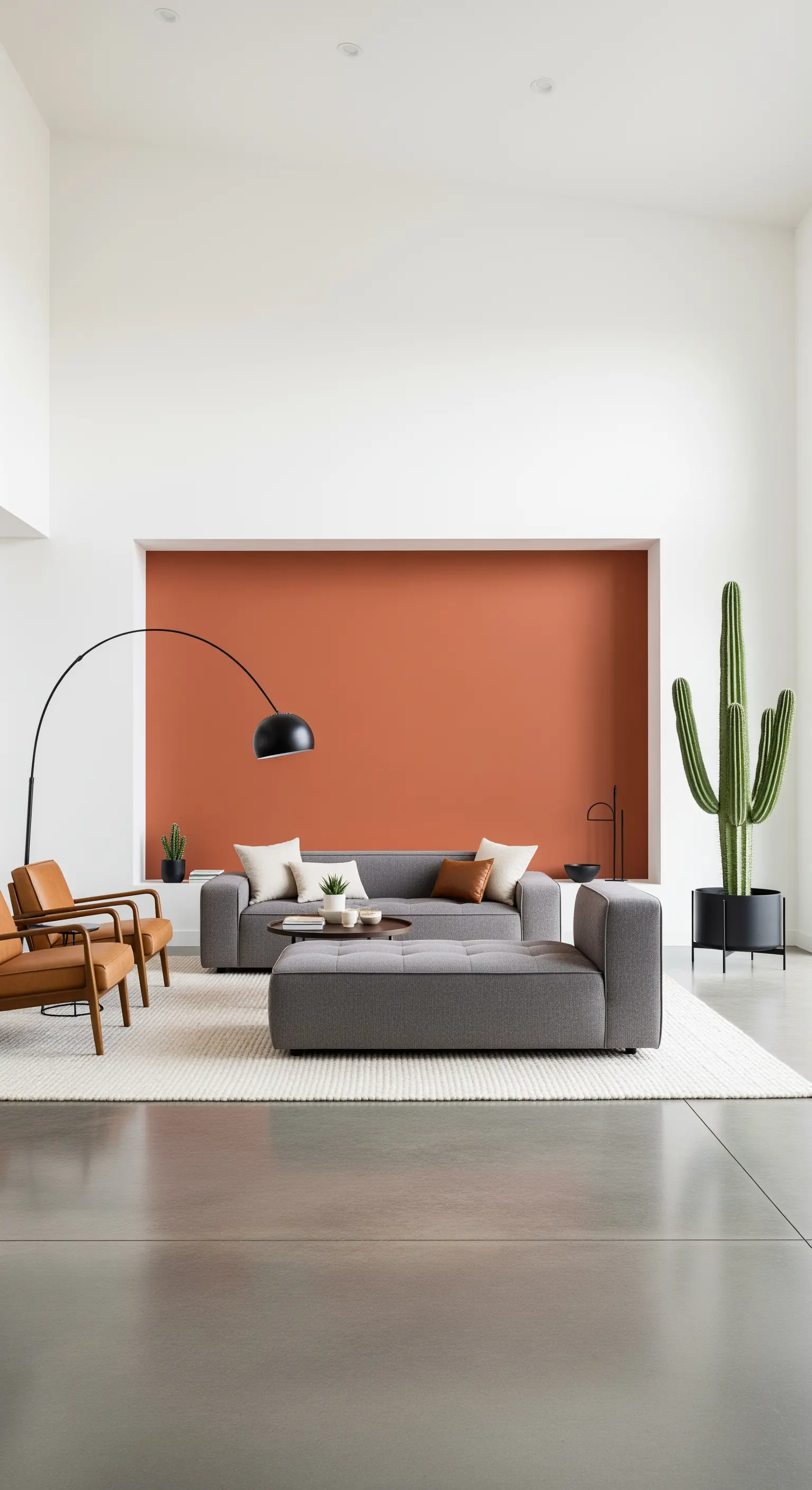Ampio soggiorno minimalista con una parete di accento terracotta dietro a un divano grigio