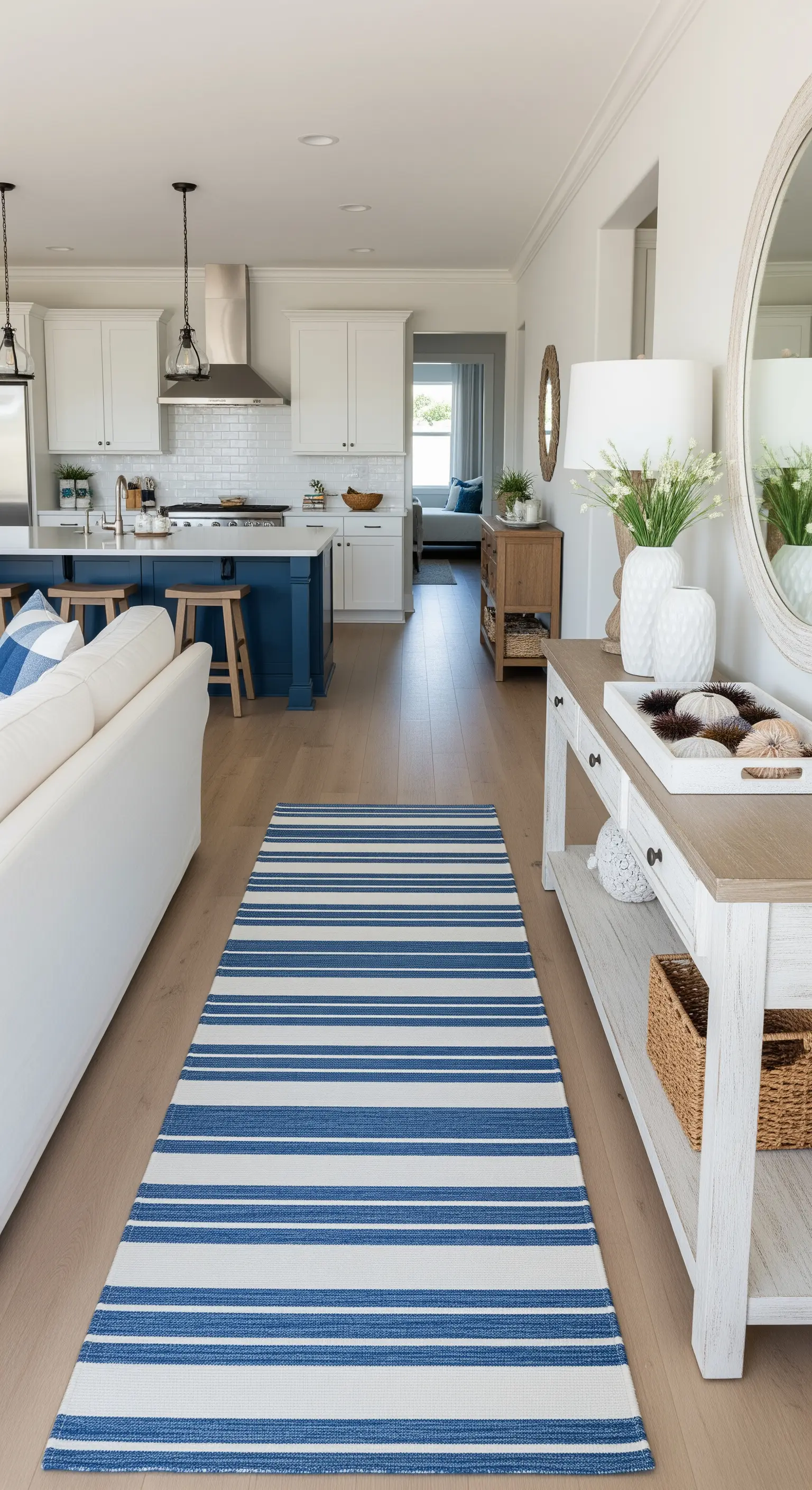 Open space con un lungo tappeto a righe blu che definisce l'area dell'ingresso.