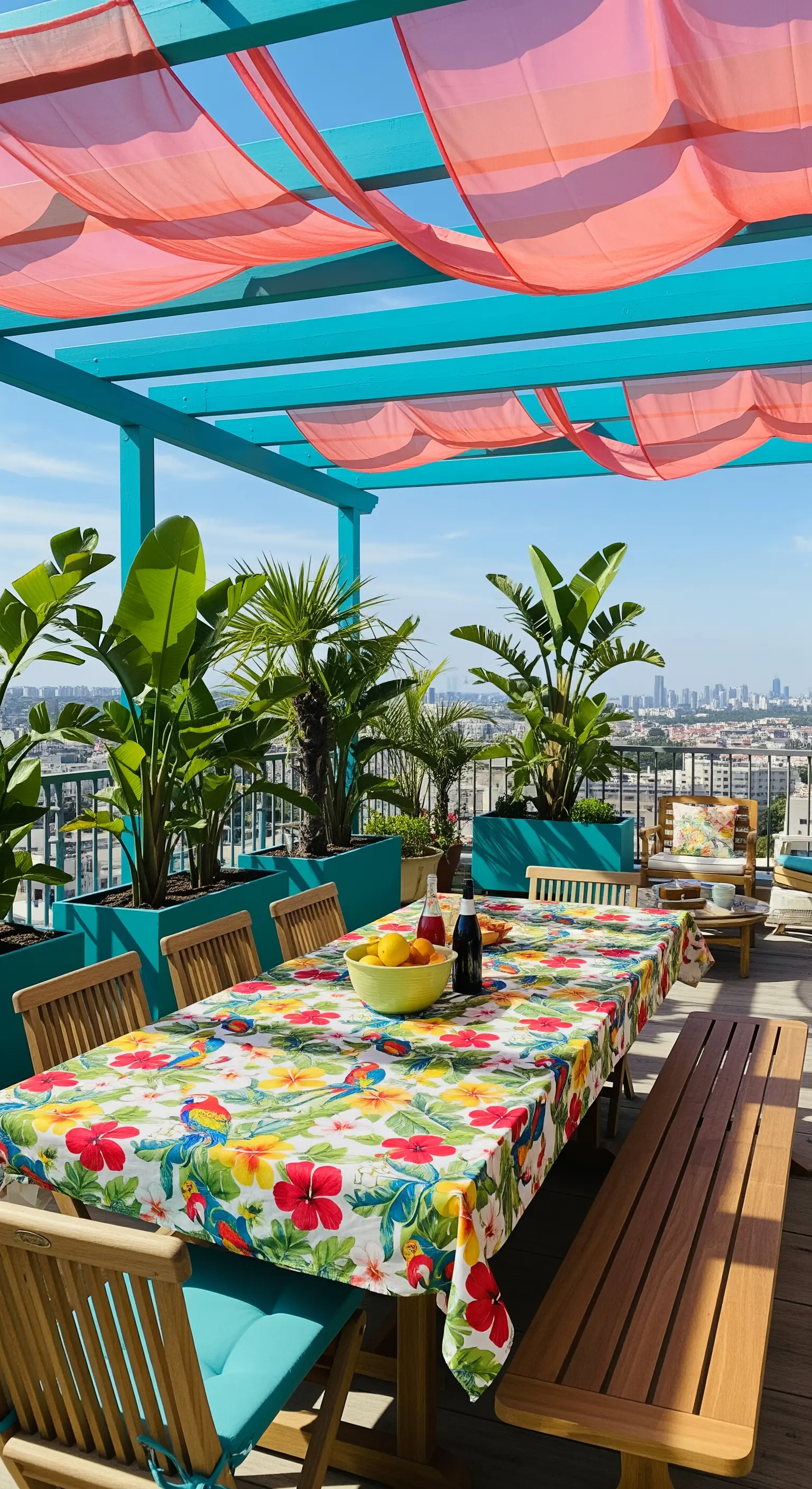 Terrazza con pergola turchese, teli rosa, e un lungo tavolo con tovaglia floreale colorata.