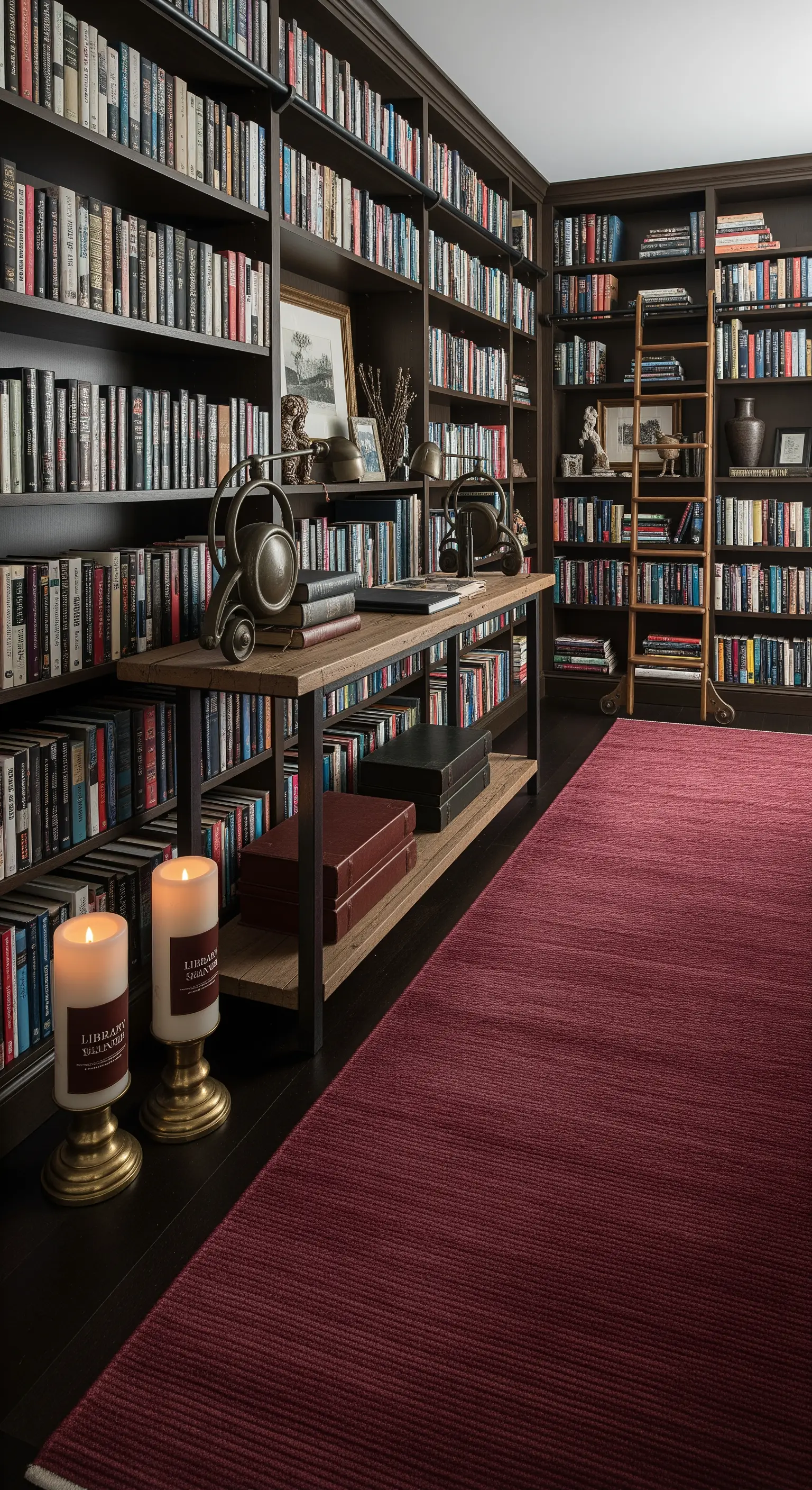 Grande libreria a parete in legno scuro con un lungo tappeto bordeaux al centro.
