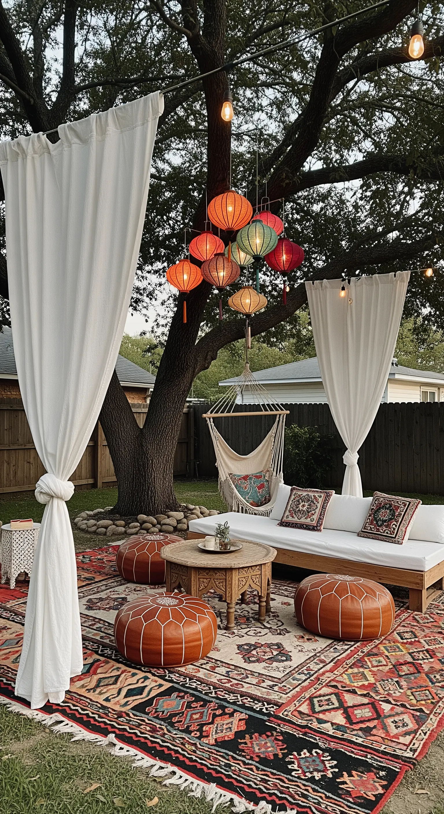 Giardino in stile boho con tappeto kilim, pouf in pelle e lanterne di carta colorate appese a un albero