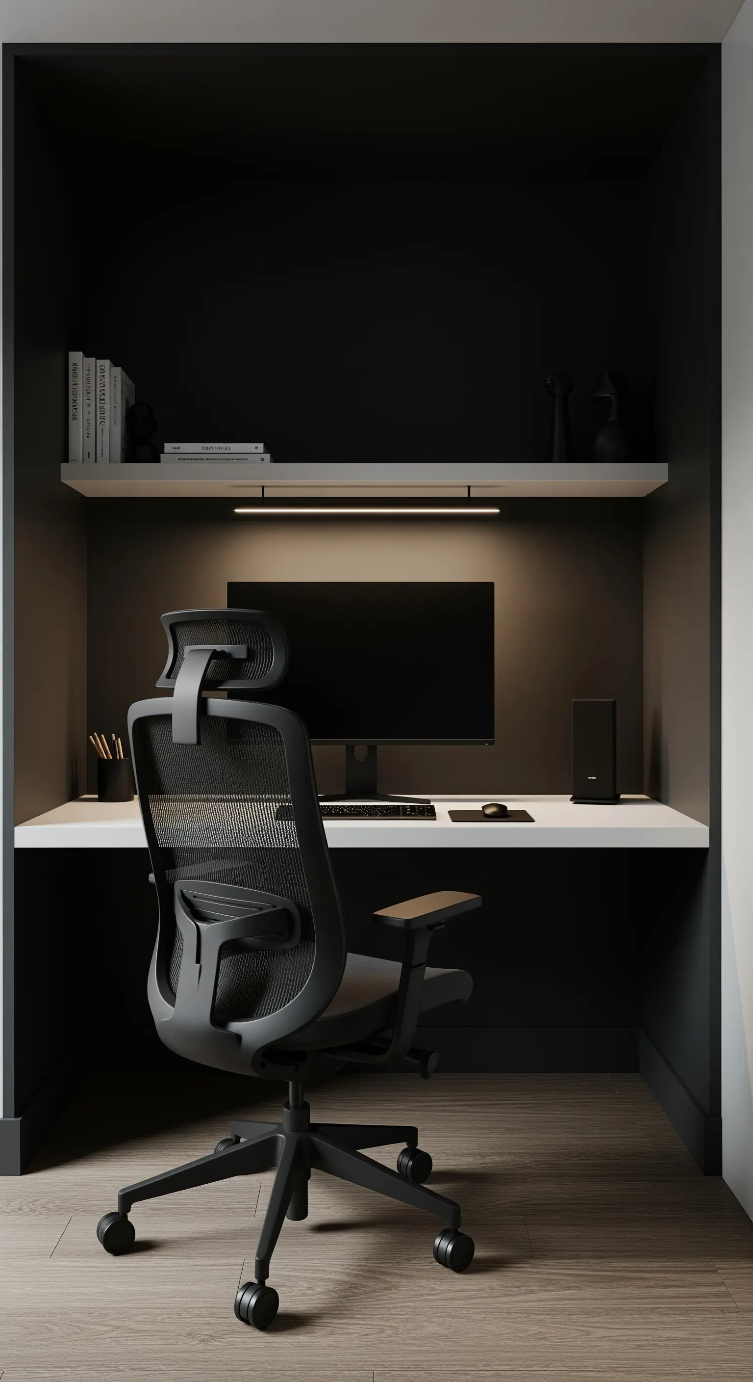 Home office total black in una nicchia con scrivania bianca e sedia ergonomica nera.