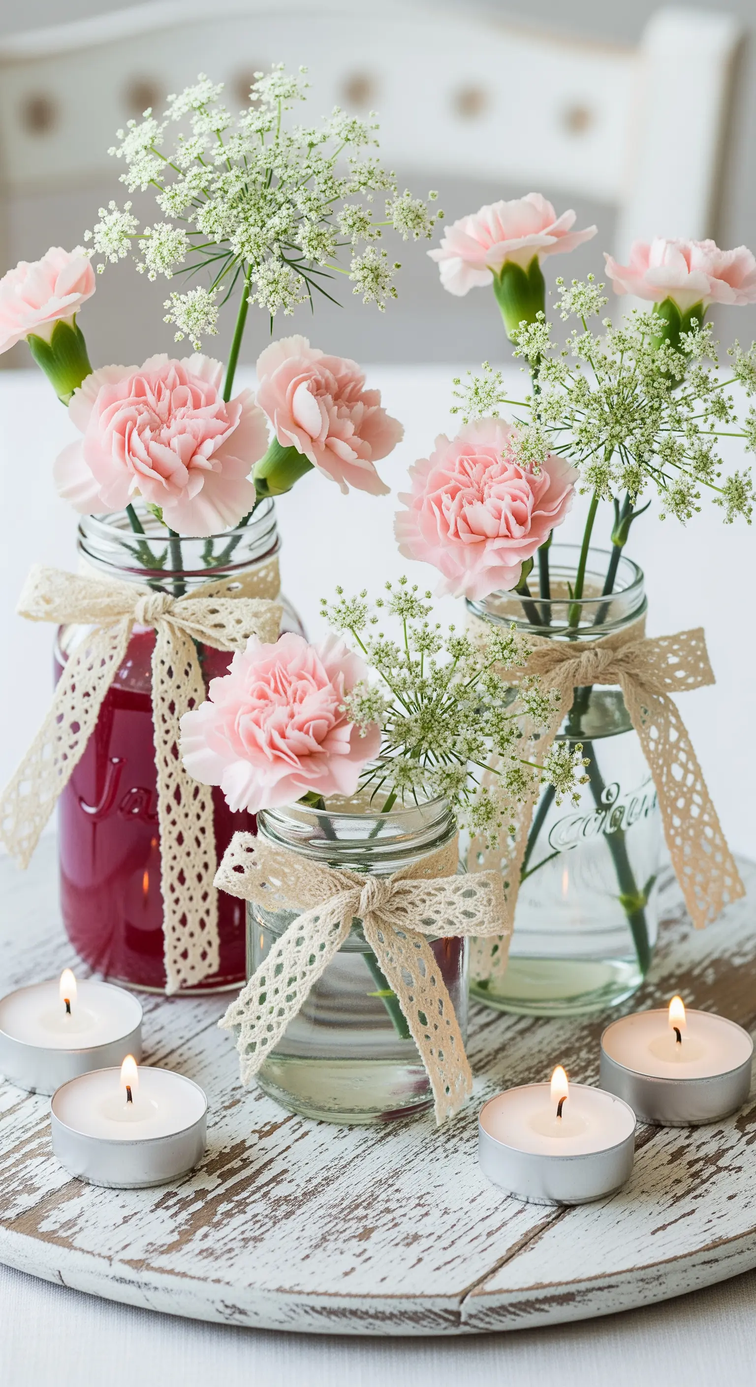 Vasetti di vetro decorati con pizzo e spago, riempiti con garofani rosa.
