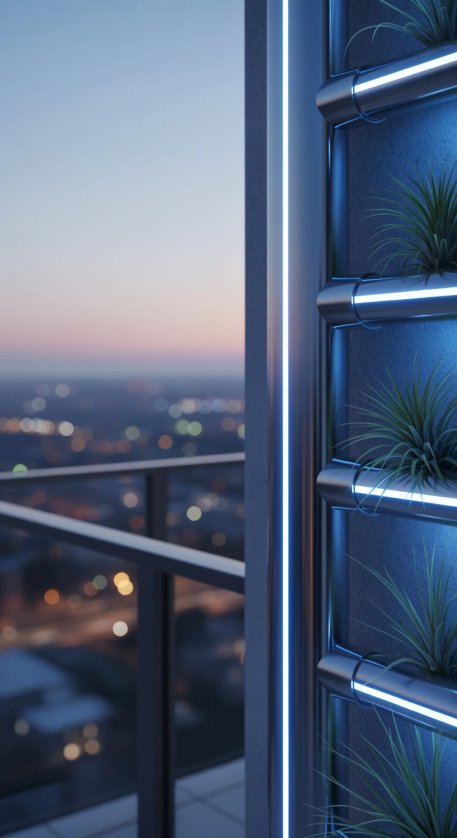 Fioriera in PVC con finitura metallica e strisce LED blu integrate che illuminano le piante.