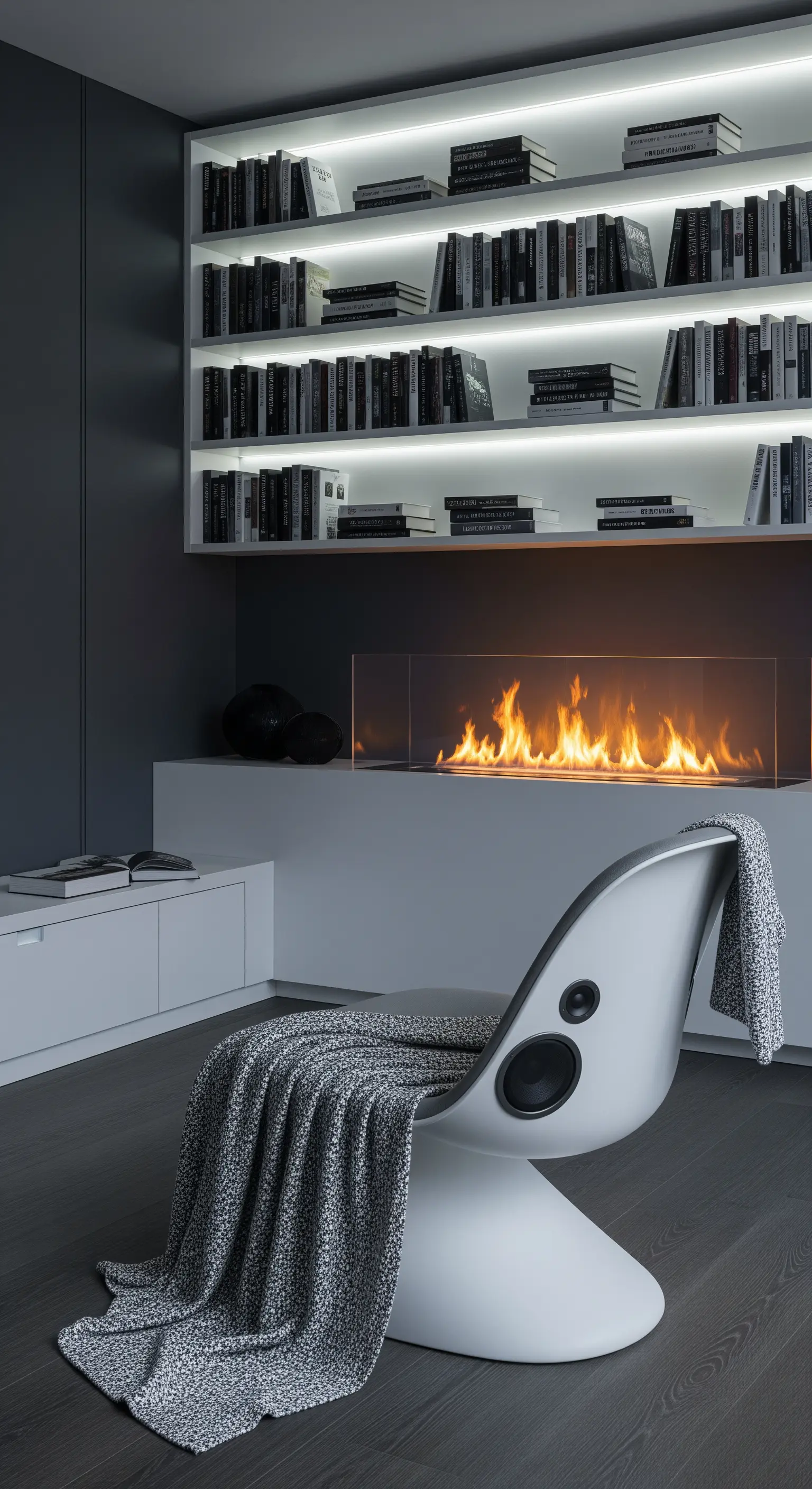 Angolo lettura futuristico con mensole illuminate a LED e poltrona di design bianca.