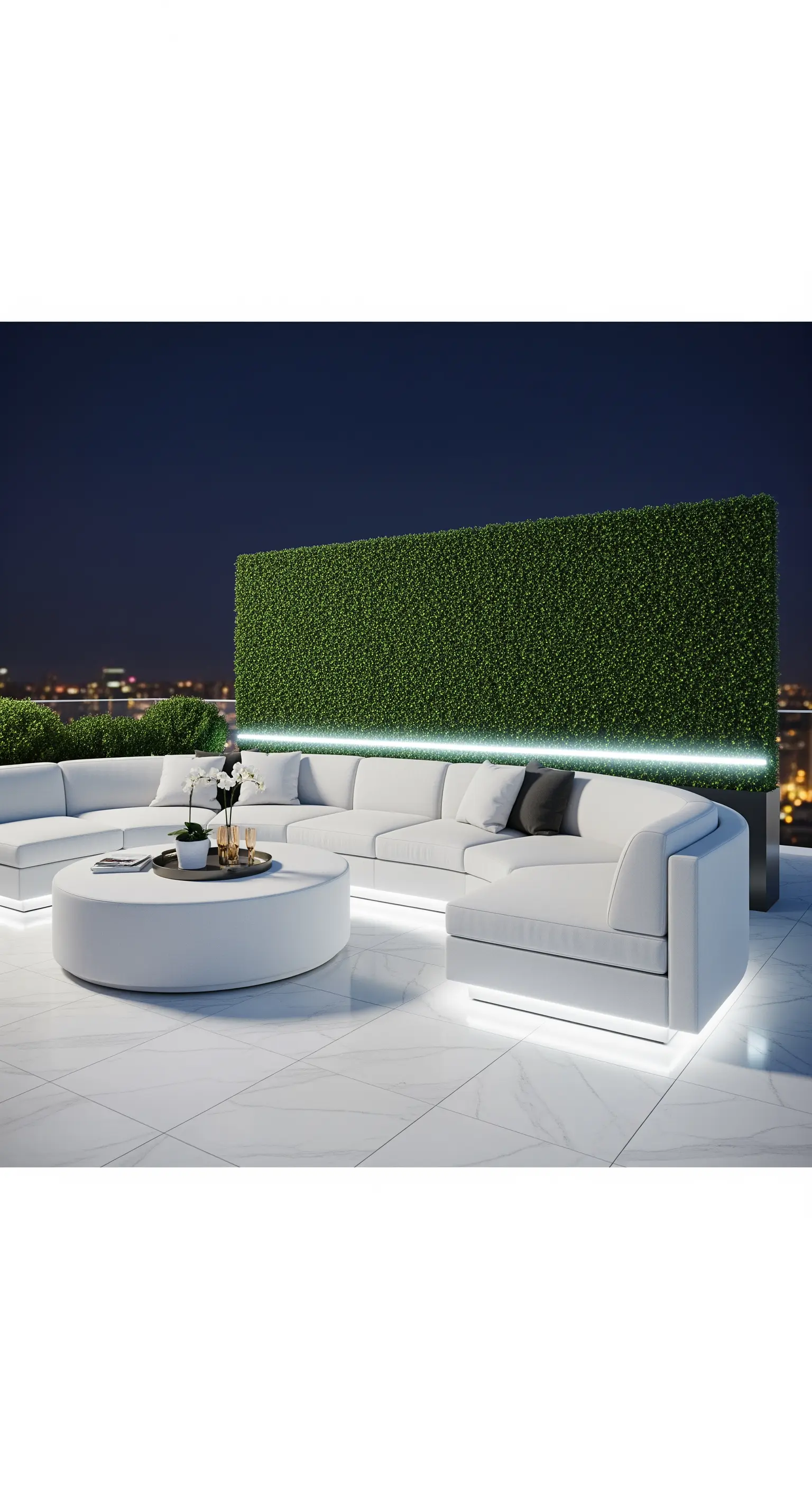 Terrazzo notturno con un grande divano bianco illuminato da strisce LED e una siepe artificiale.