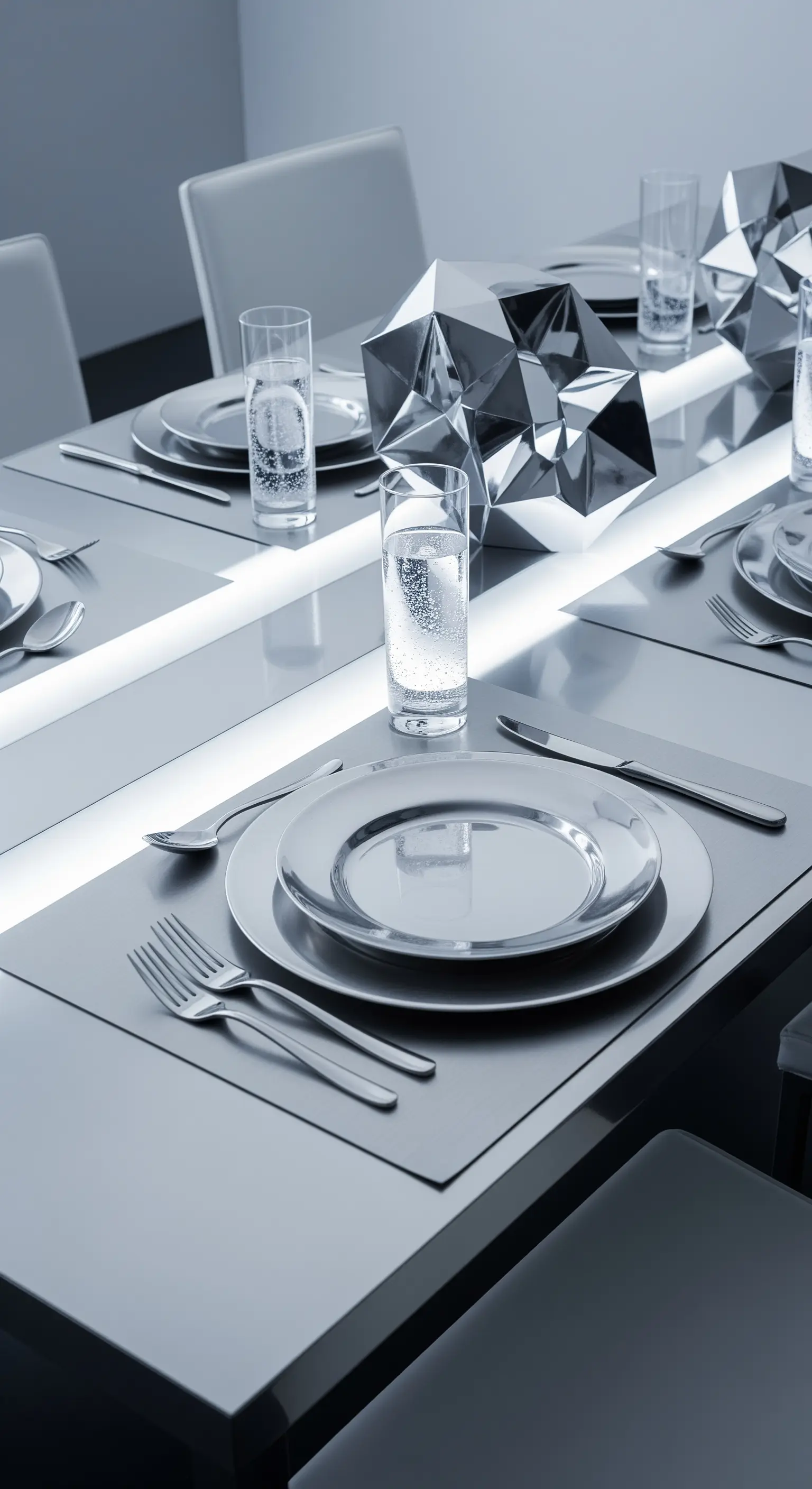 Tavola futuristica con illuminazione a LED integrata e scultura metallica poliedrica.