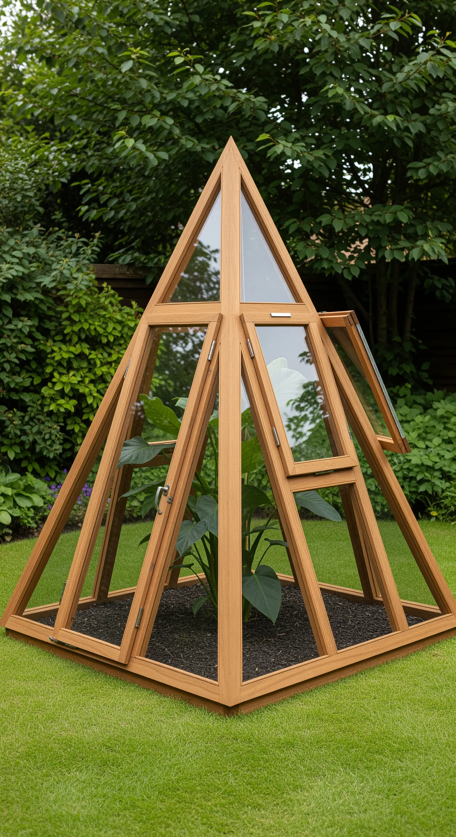 Serra a forma di piramide con struttura in legno, posizionata su un prato verde e con una finestra aperta
