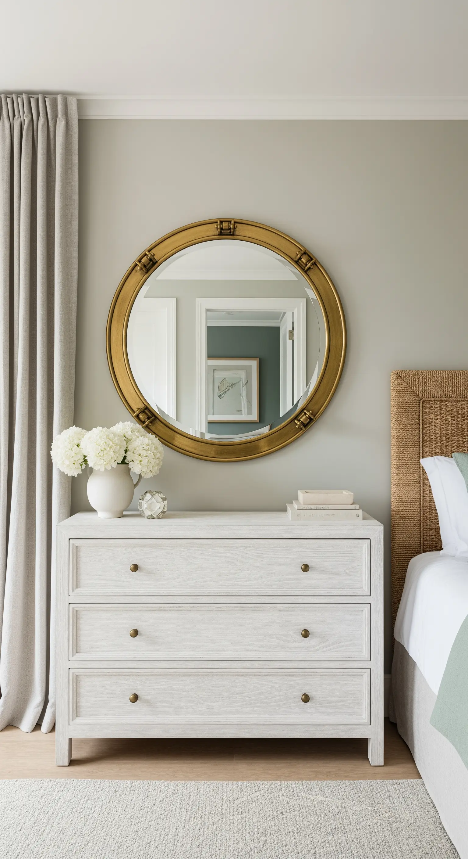 Comò bianco con pomelli in ottone e specchio rotondo con cornice dorata.