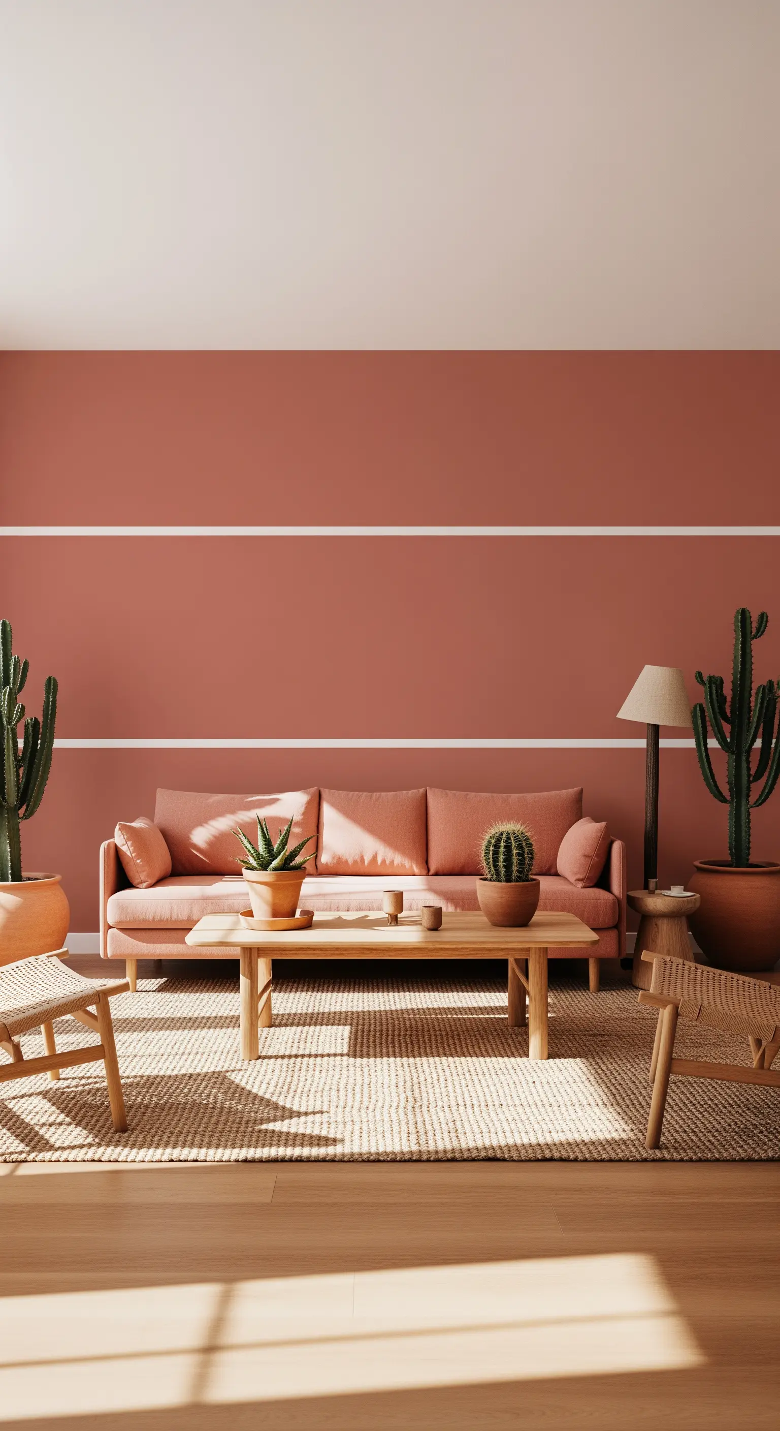Salotto con parete rosa antico e due sottili strisce bianche orizzontali, con divano coordinato.