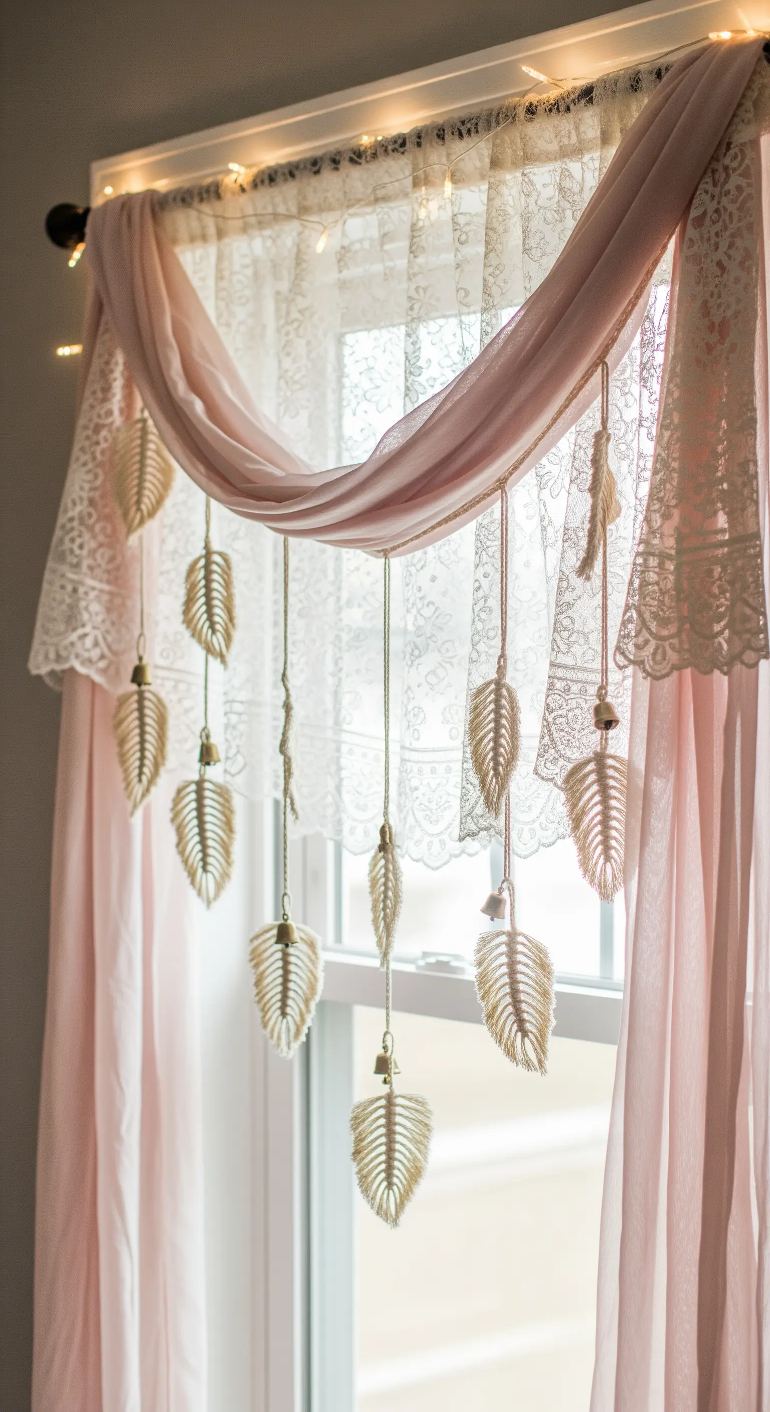 Tenda rosa con pizzo, decorata da foglie in macramè e una ghirlanda di luci calde.