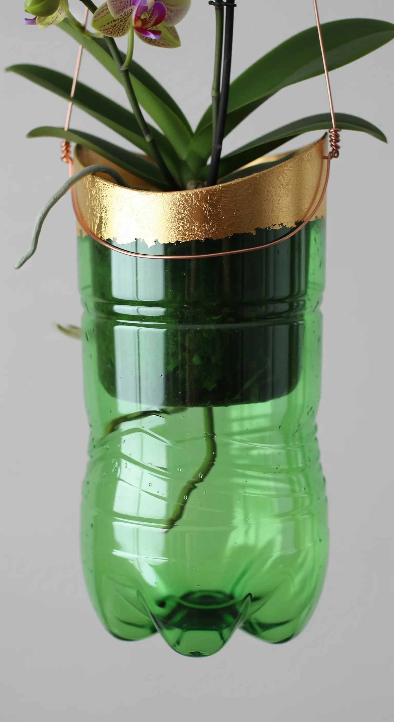 Fioriera verde trasparente con una fascia decorativa in foglia d'oro e ganci in rame.