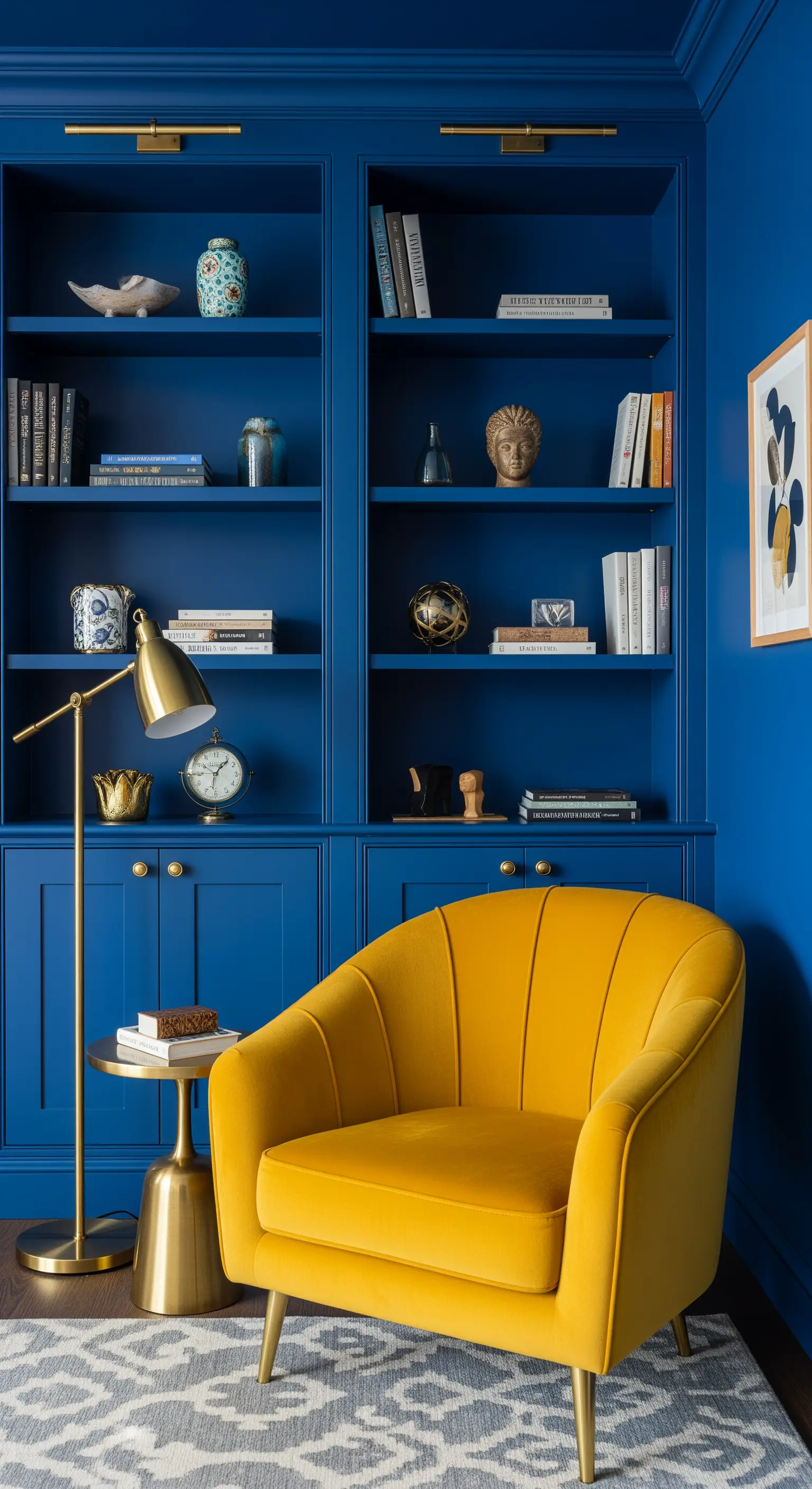 Libreria blu Klein con poltrona in velluto giallo senape e dettagli in ottone.