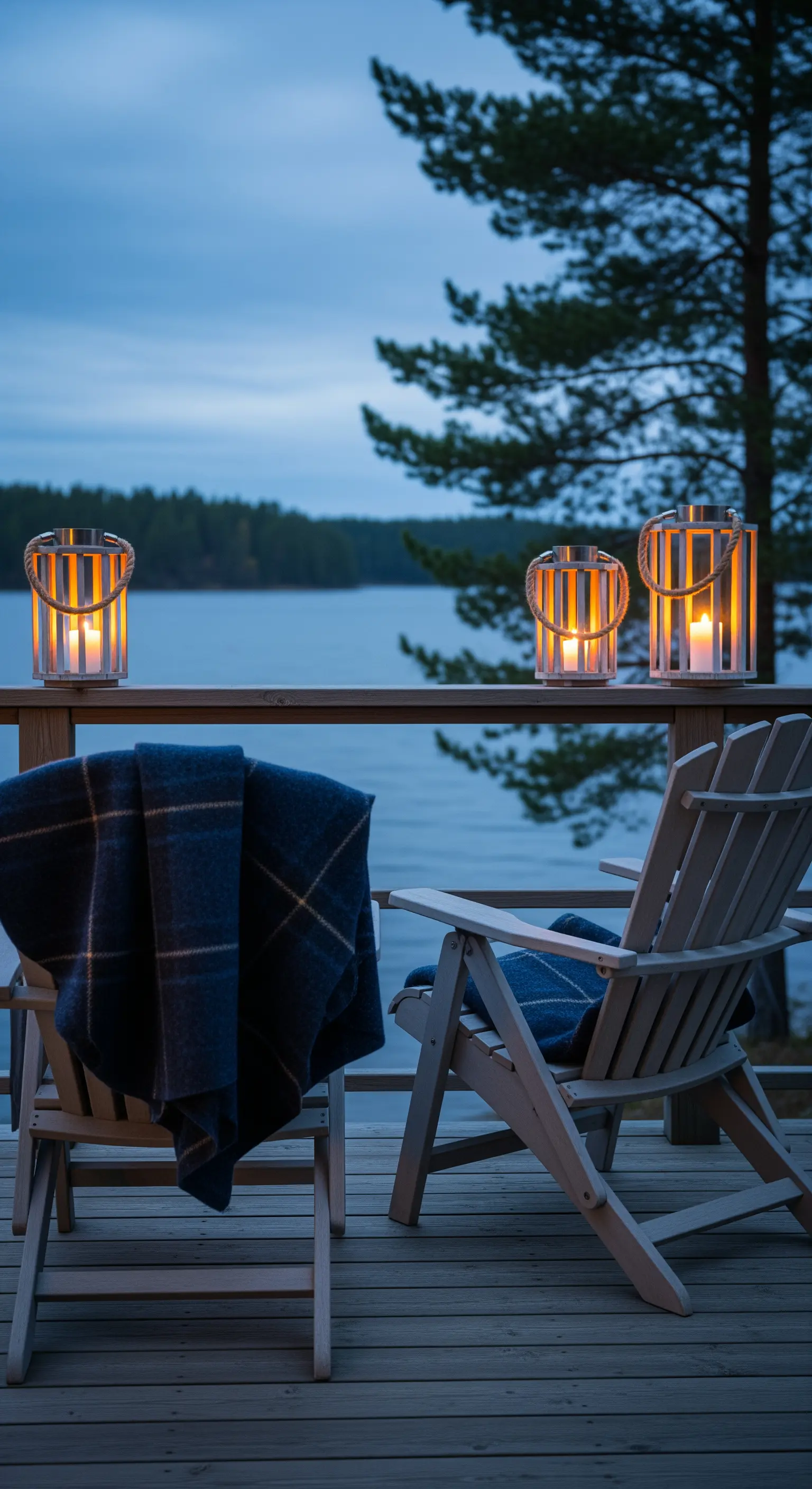 Due sedie in legno su un pontile al crepuscolo, con plaid blu e lanterne vista lago.