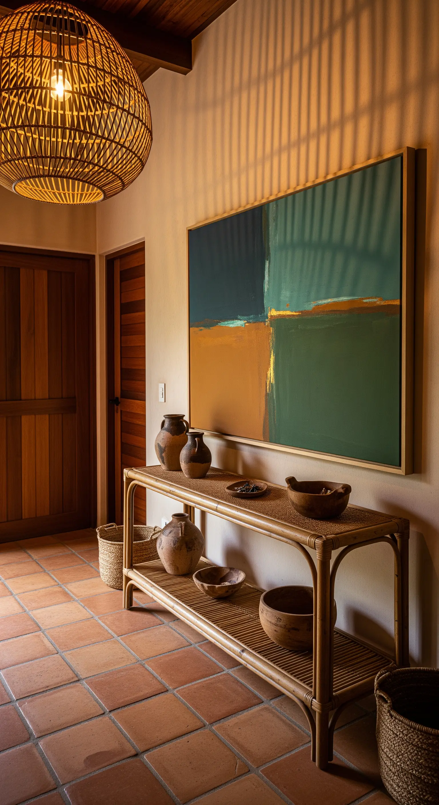 Consolle in rattan con vasi in terracotta sotto un grande quadro astratto.