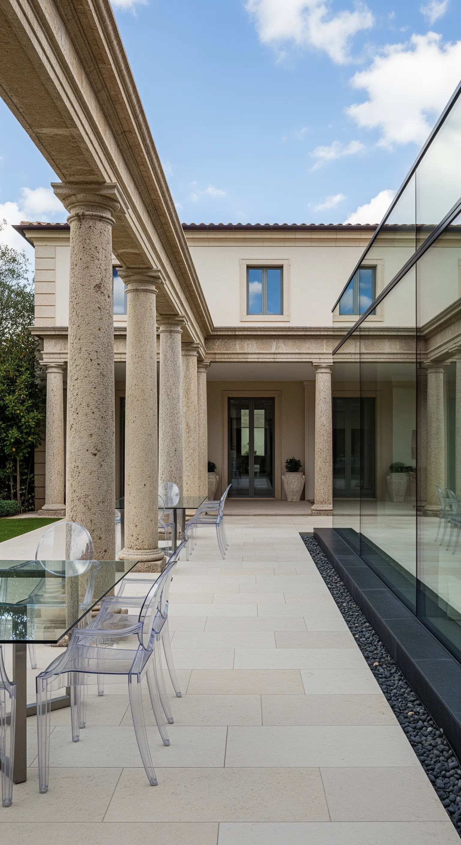 Patio con colonne classiche in pietra e una grande parete a vetri moderna; tavolo e sedie trasparenti
