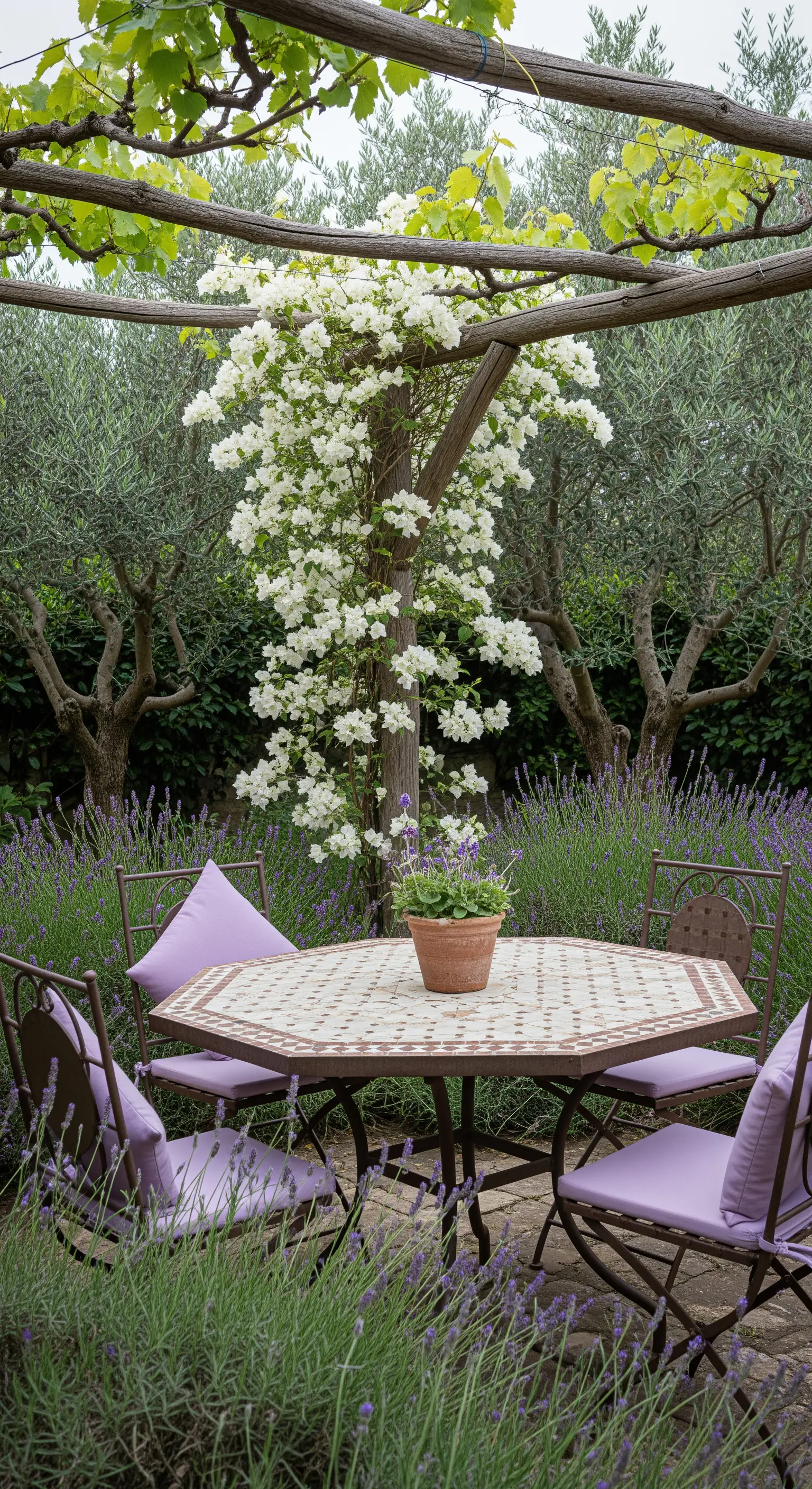 Angolo giardino con lavanda, tavolo in mosaico e bouganville bianca su un pergolato.