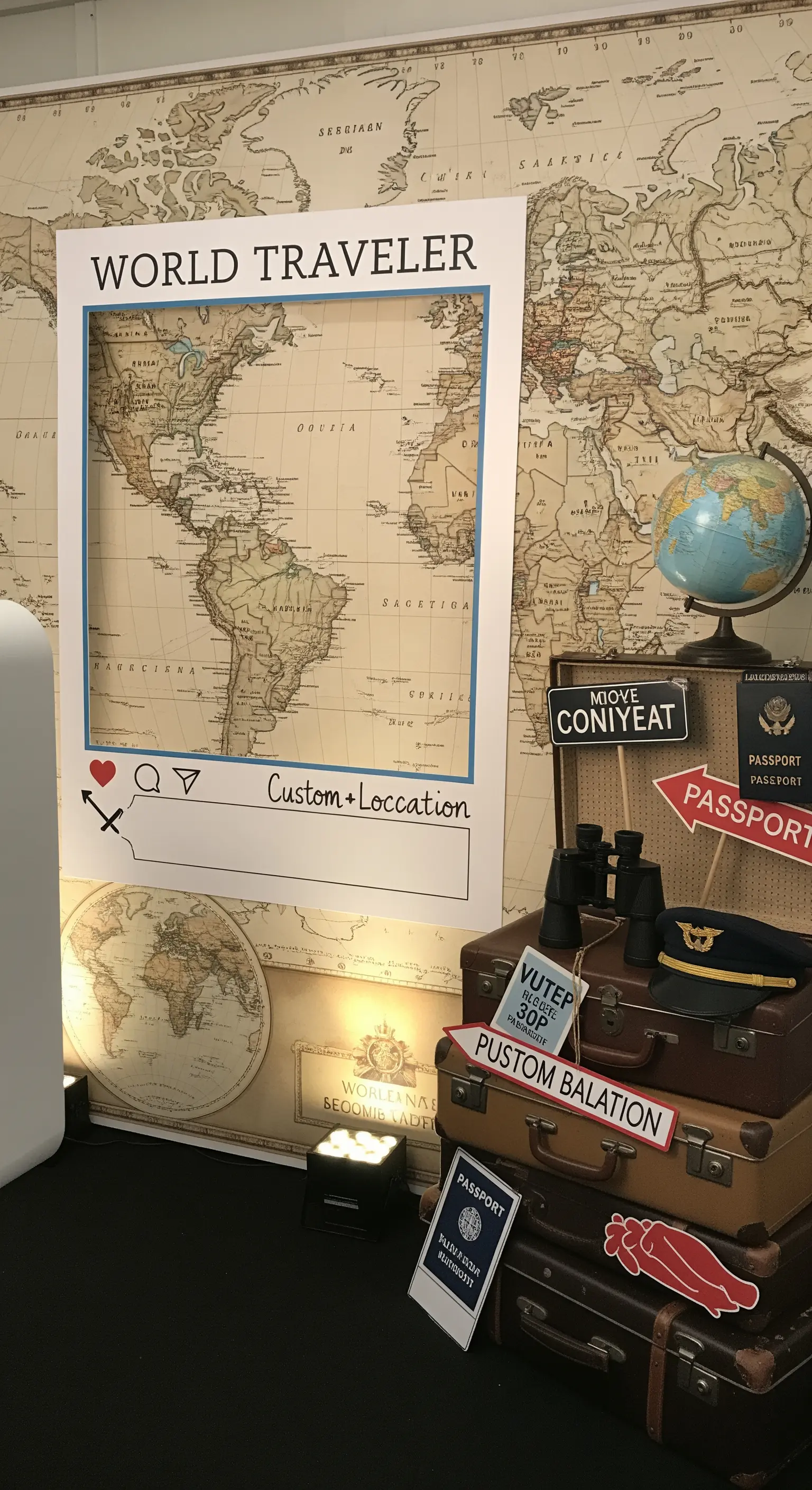 Photo booth a tema viaggio con mappa del mondo, valigie vintage e una cornice stile social media.
