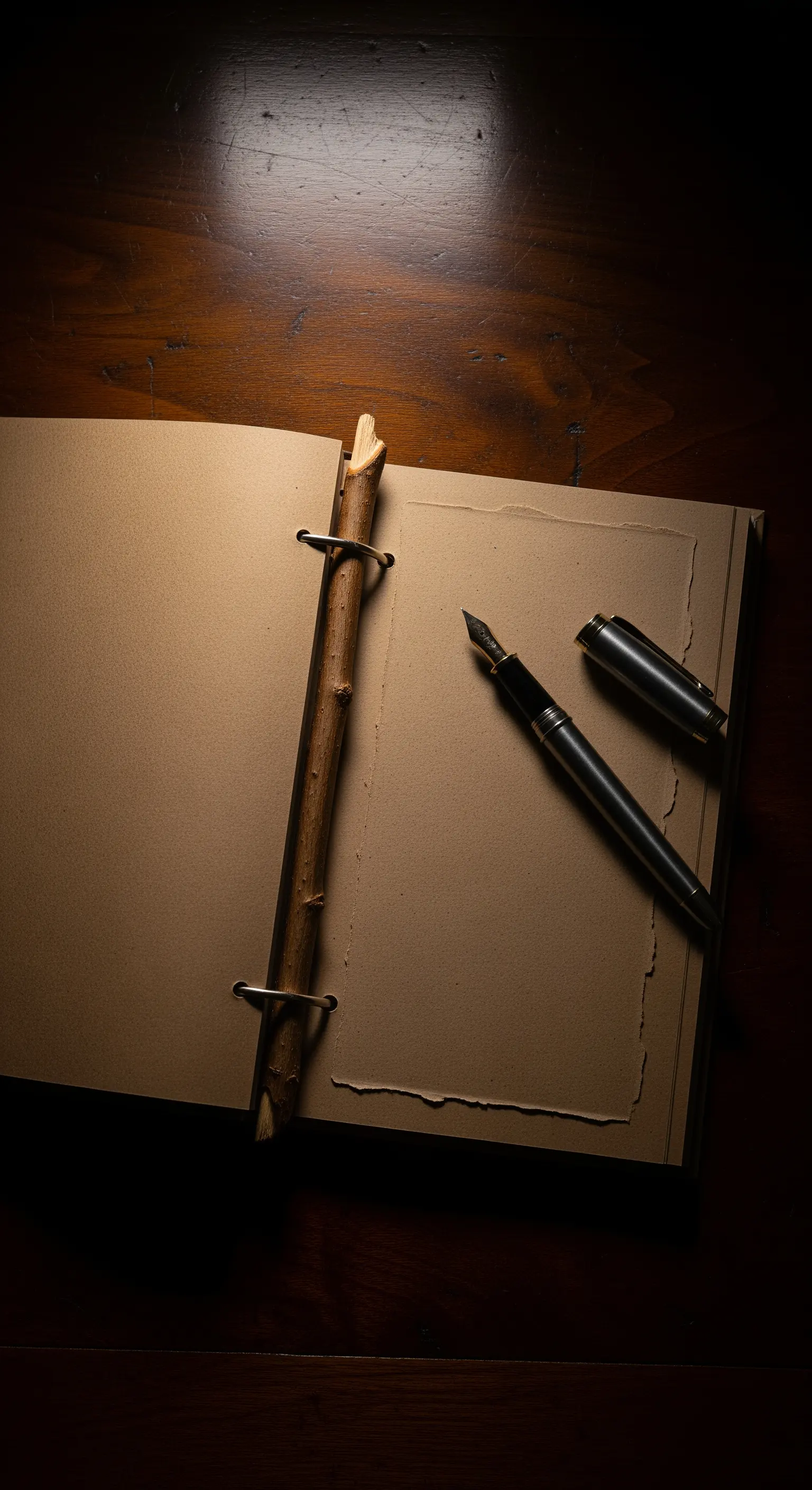 Un quaderno con pagine in carta kraft rilegato con anelli metallici e un rametto di legno come dorso.