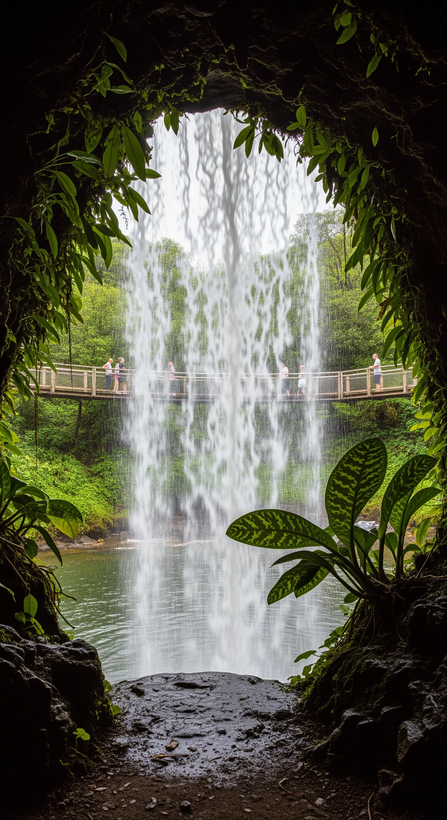 Vista da dietro una cascata, con una passerella e persone visibili attraverso il velo d'acqua.
