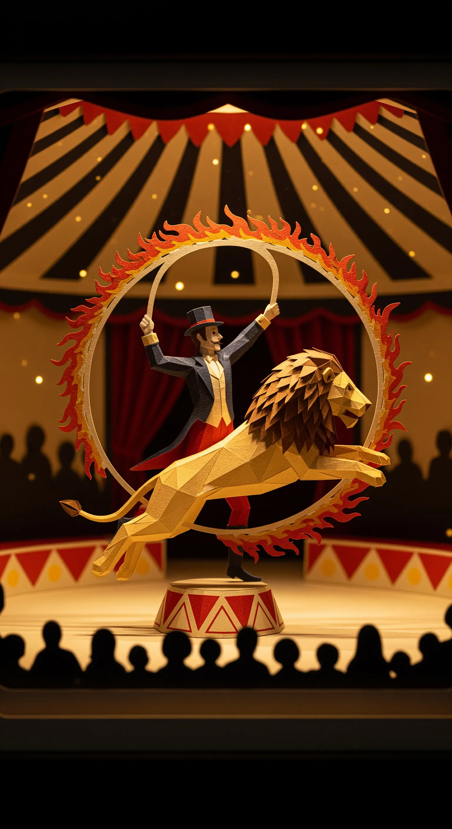 Scena da circo in miniatura realizzata in papercraft con domatore e leone.