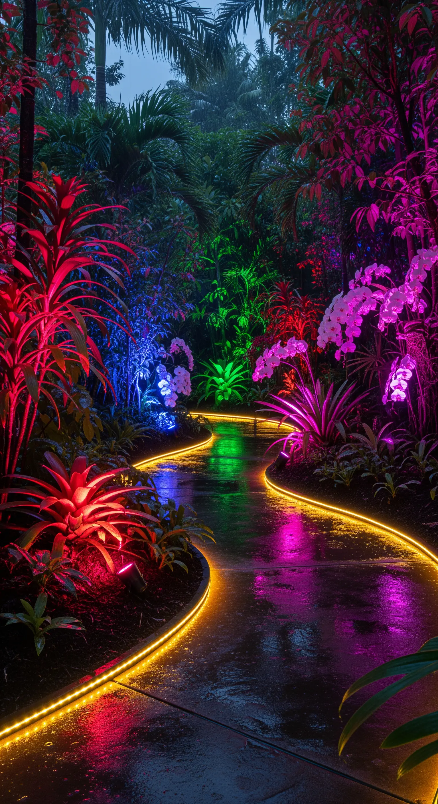 Sentiero scuro in un giardino tropicale, delineato da una striscia LED gialla e piante illuminate di rosso, blu e verde.